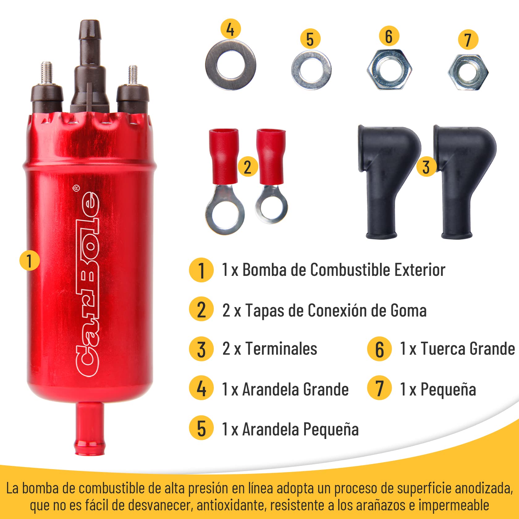 CarBole Bomba de Combustible en Línea Externa,Alta Presión de 125PSI | Recambio para la 0580464070, Bomba de Combustible Eléctrica, Fácil de Montar, Rojo