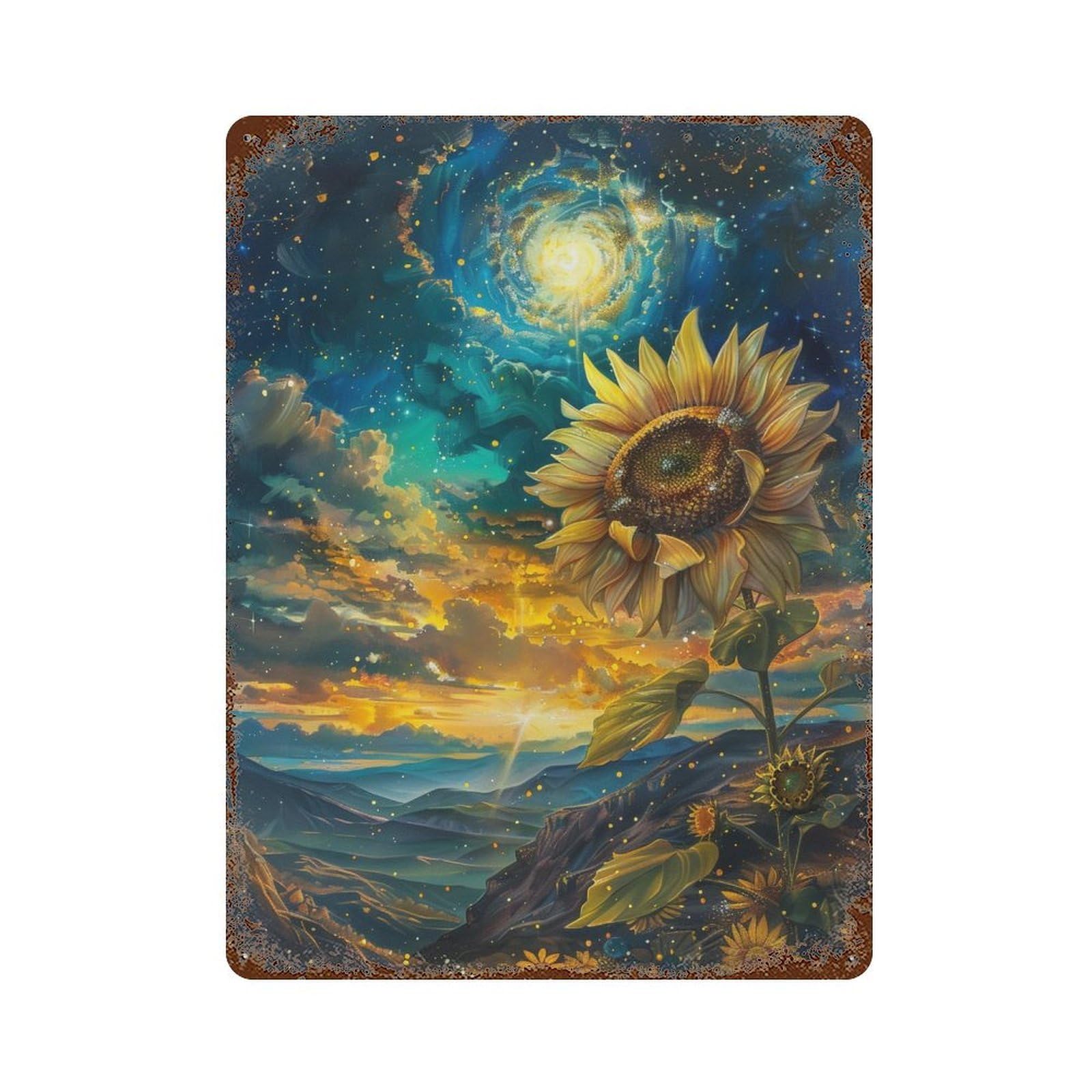 Cosmic Sunflower Landscape Rusty Metal Tin Sign 15.7"x11.8", Vintage Wall Decor for Garage, Pub Or Kitchen