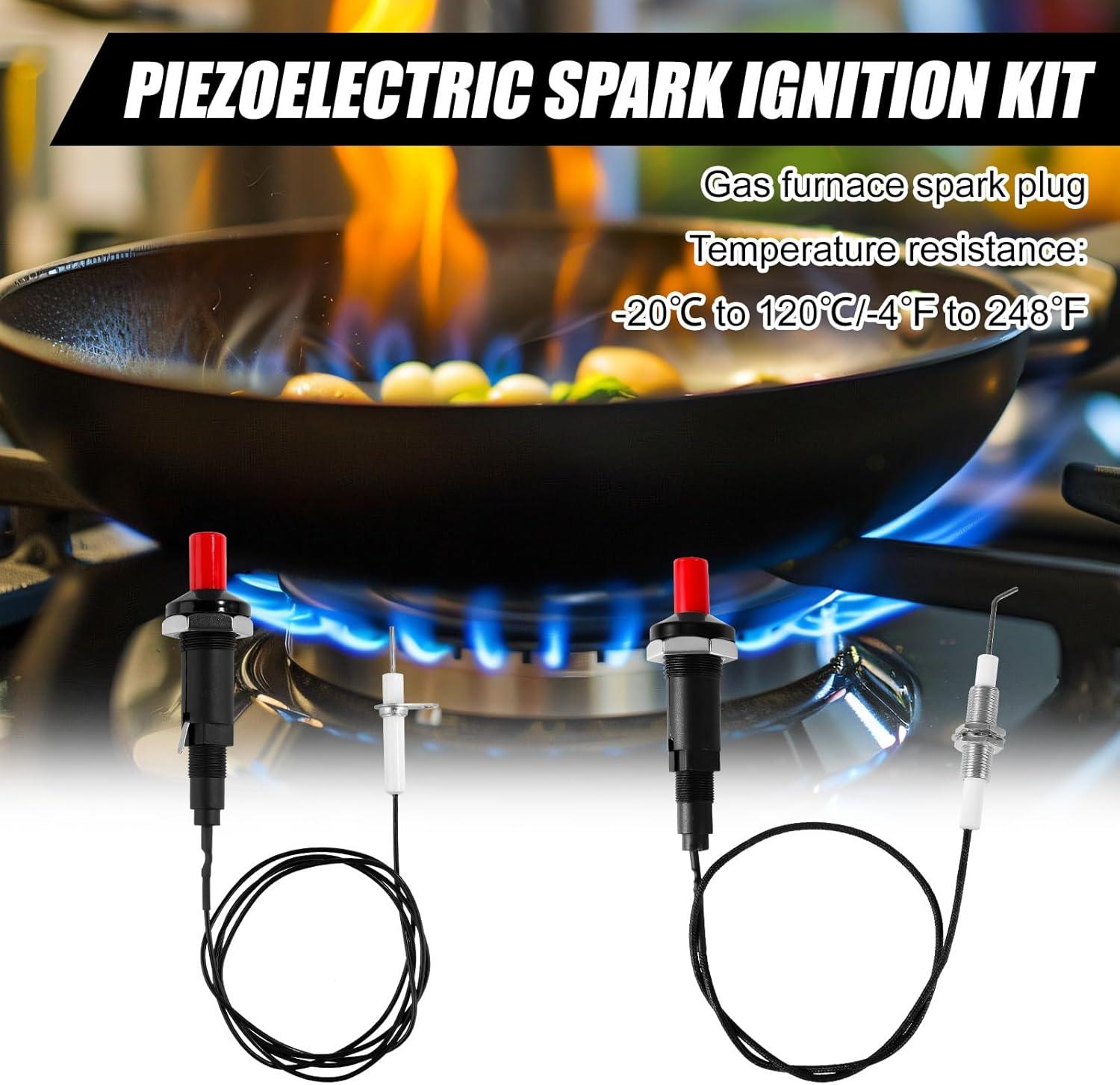 2 Sets Piezo Spark Igniter with 2 Replacement Switch, BBQ Grill Electrode Ignition Replacement with Straight and Bent Needle Wire Spacer Nut for Gas Grill Barbecue Stove Oven Kitchen