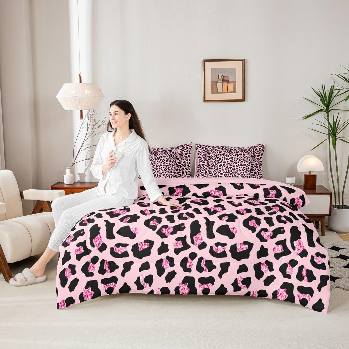 jejeloiu Leopard Fur Print Comforter Set with Sheets 7 Piece Queen Size Safari Cheetah Bedding Set for Kids Boys Girls Animal Print Pink Bed in a Bag Room Decor Soft Lightweight Microfiber