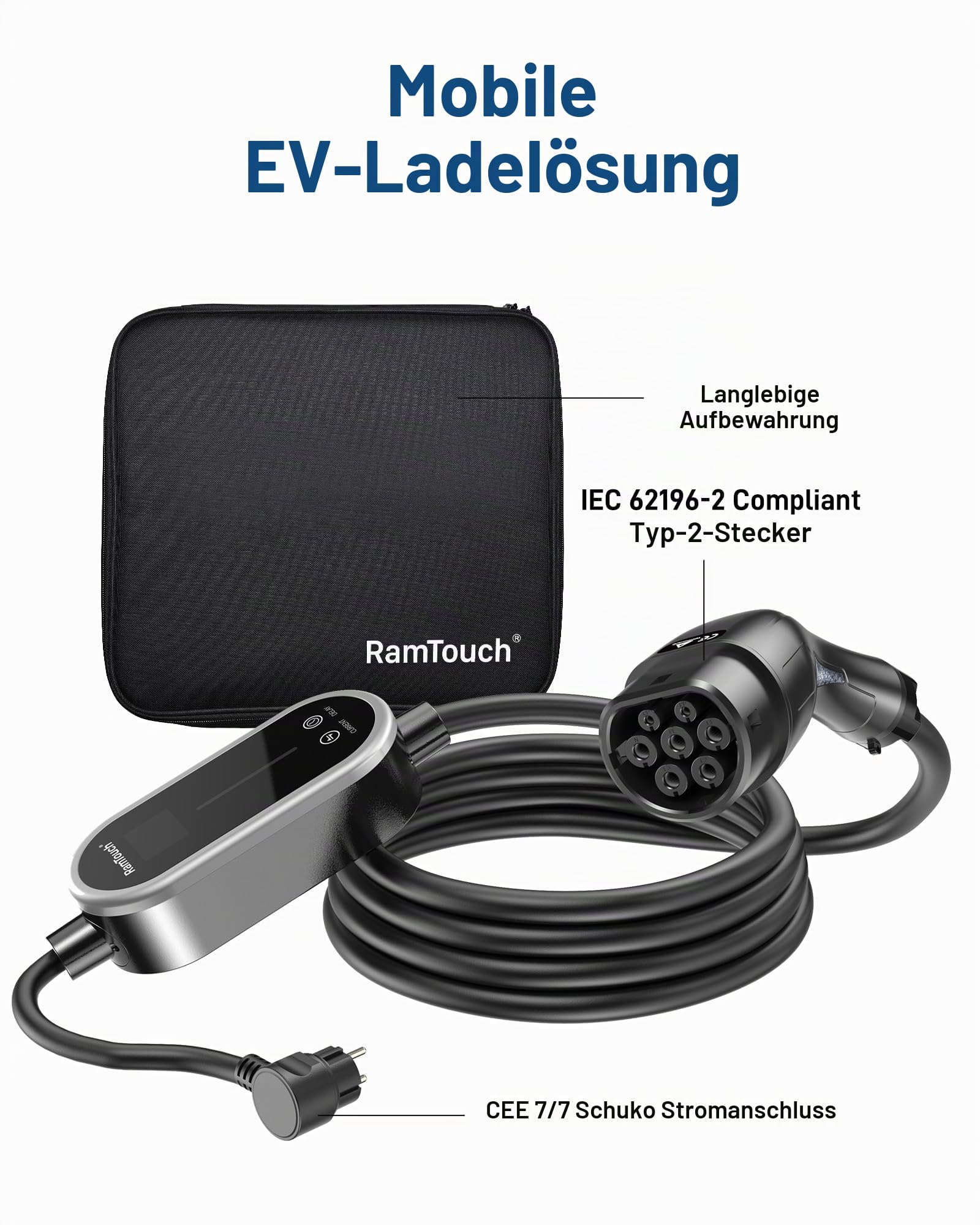 Ladekabel Elektroauto Typ 2 Schuko 3,68 kW (230 V, 16 A, 1-phasig, 15,5 m) | Mobile Wallbox/Tragbare Ladestation mit Display | für alle E-Autos & Plug-in-Hybride (PHEV)