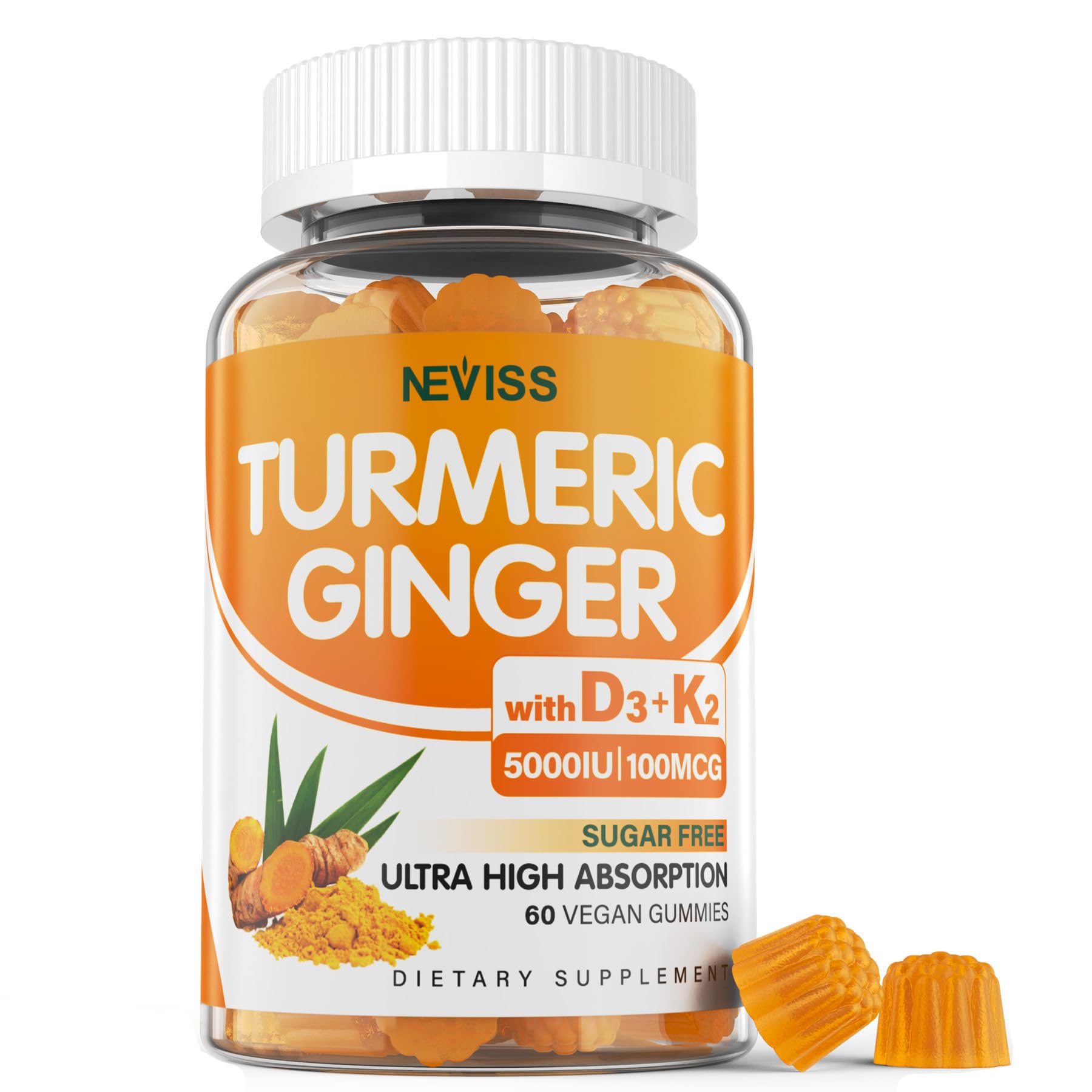 Turmeric Ginger Gummies 1500mg w/ Vitamin D3 K2, Sugar Free, Vegan, 60ct 60 Count (Pack of 1)