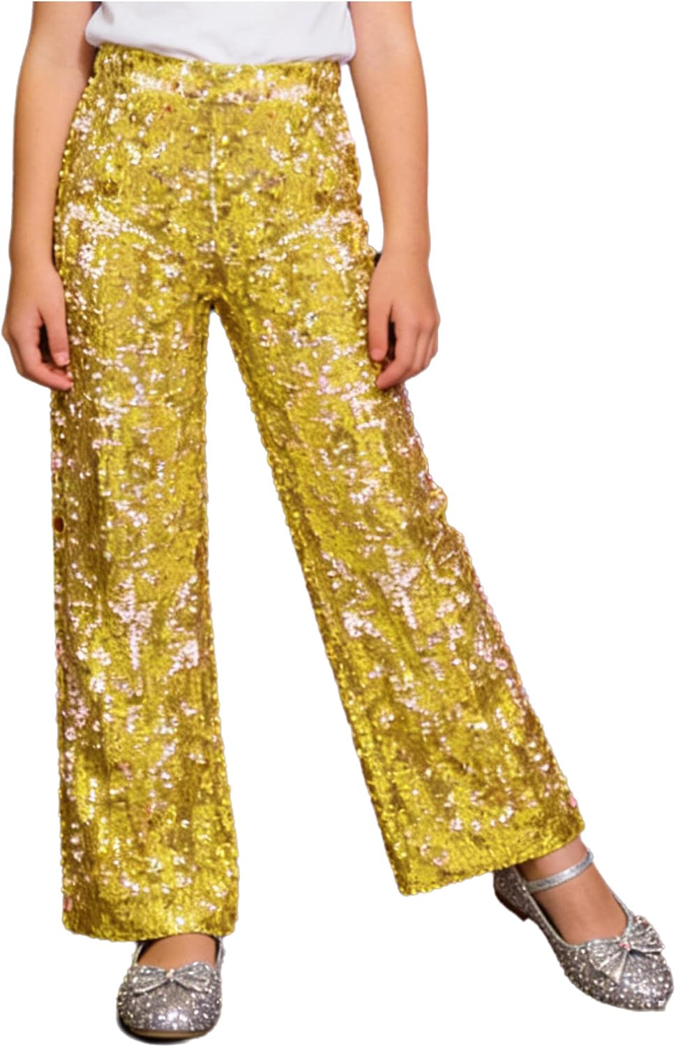 TiaoBug Sparkly Sequin Pants for Girls Kids High Waist Elastic Party Dance Bottoms Tear Away Disco Trousers
