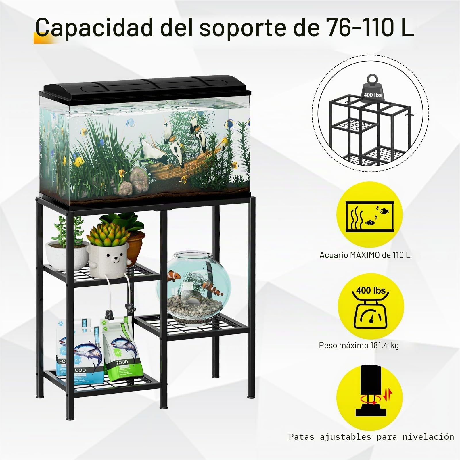 CADUKE Soporte de acuario de 20 galones, soporte de metal para pecera, soporte de acuario para accesorios de pecera, soporte de terrario de reptiles de tortuga de 3 niveles para sala de estar y