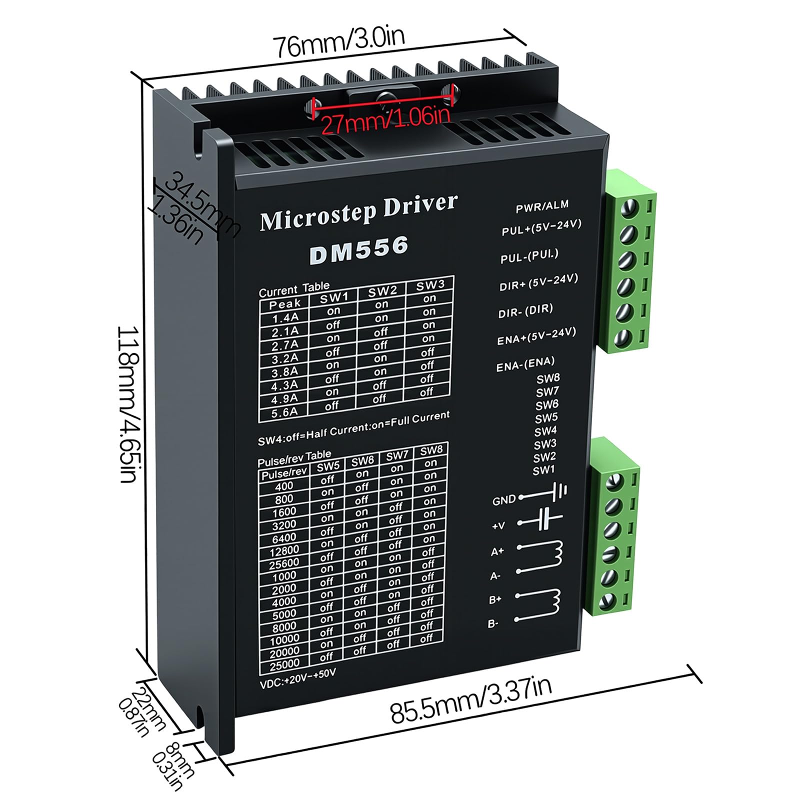 Nema 23 - Motor paso a paso Nema23 de 1 eje, motor de 57 mm, 1,2 Nm/120 Ncm, 8 mm, eje 3A, 2 fases, 4 cables, ángulo de paso a paso y DM556, controlador de motor paso a paso para máquina de grabado