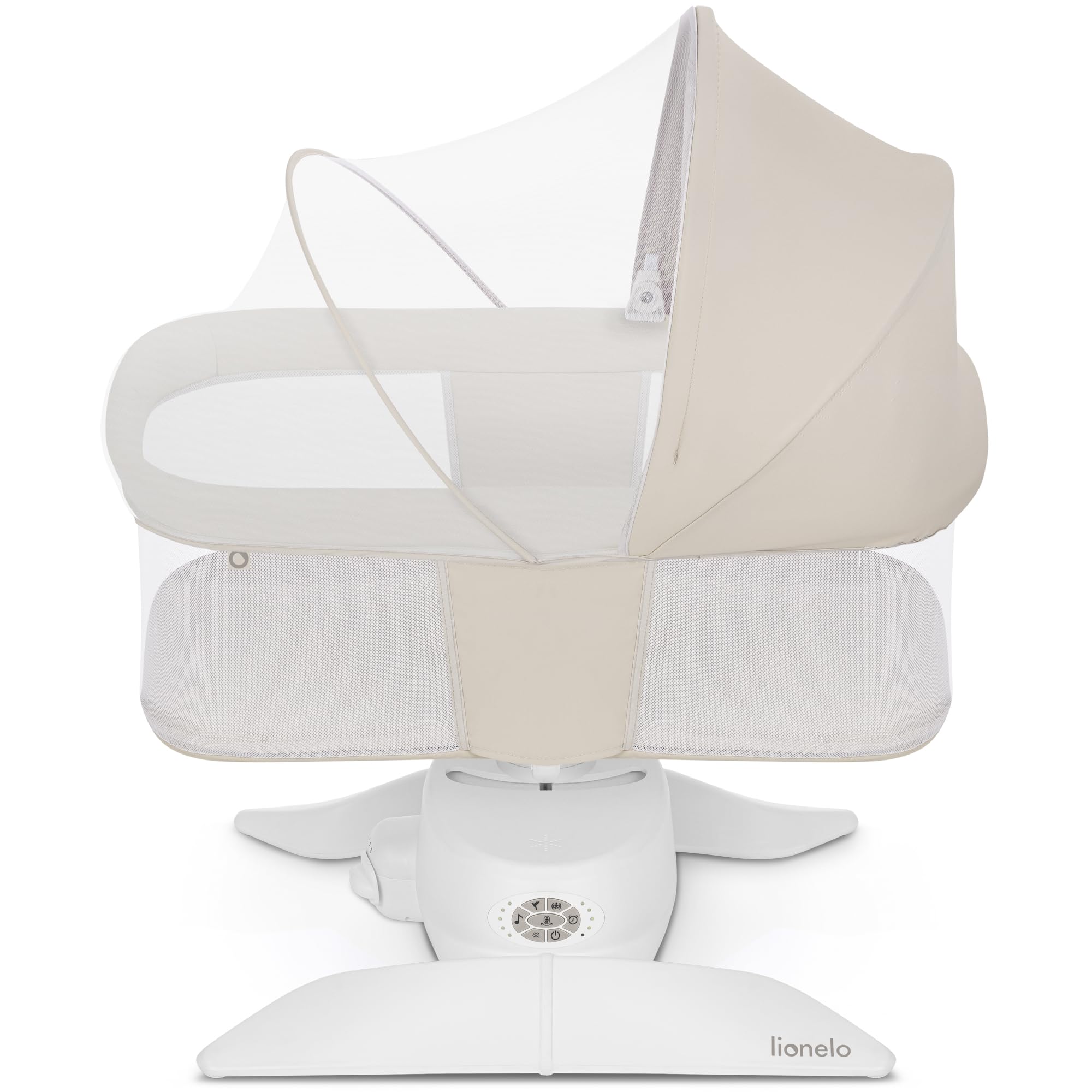 lionelo Vivi Set Balancelle Électrique 2 en 1 avec Nacelle, Jusqu’à 9 kg | Pivotement 360°, 5 Vitesses, Détecteur de Mouvement, Bluetooth, Télécommande, Timer, 12 Mélodies, Moustiquaire et Harnais