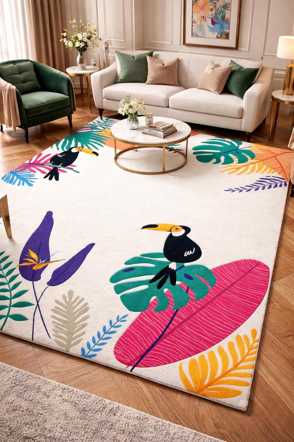 Tropical Area Rug, Toucan and Flamingo Design, Colorful Palm Leaves Pattern, Cream Background, Living Room Decor (8 * 10 feet)