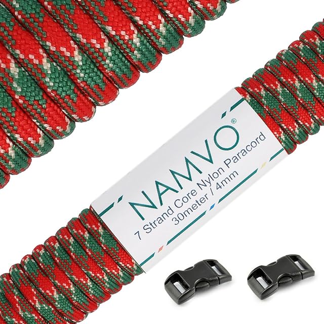 Namvo 550 Paracord Mil Spec Typ III linka spadochronowa 7-żyłowa całkowita długość 30,5 m / 30 metrów, czerwony i zielony kamuflaż