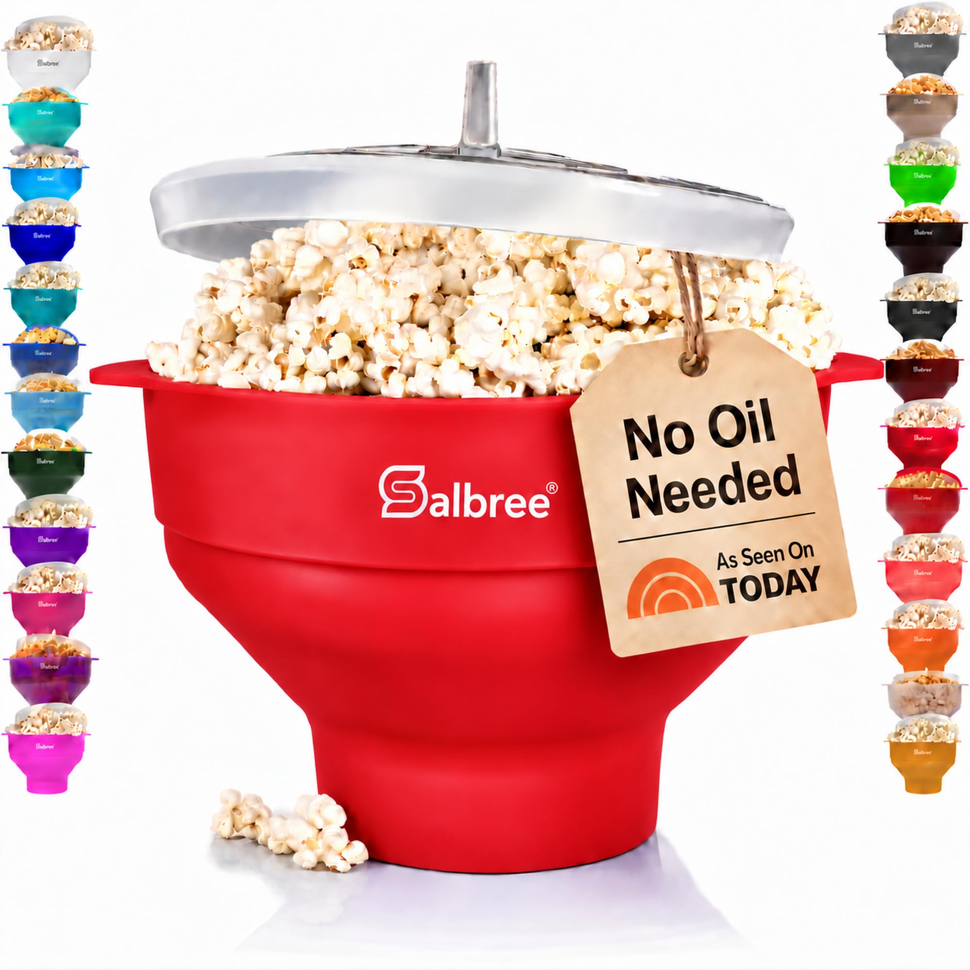 The Original Salbree Collapsible Silicone Microwave Popcorn Popper Maker Machine, Microwavable Bowl Holds 16 Cups, Uses Hot Air and Oil Always Optional - The Most Colors Available (Red)