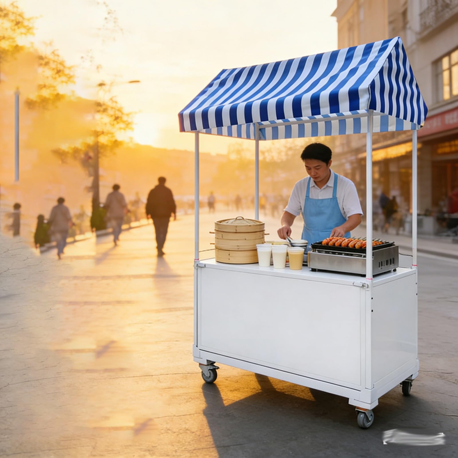 WLCGYD Heavy Duty Folding Vendor Stall Cart, 47 63 Inch Portable Street Vendor Food Carts with Striped Canopy & Wheels for Outdoor, Commercial Display Stand(Blue,160cm/63in)