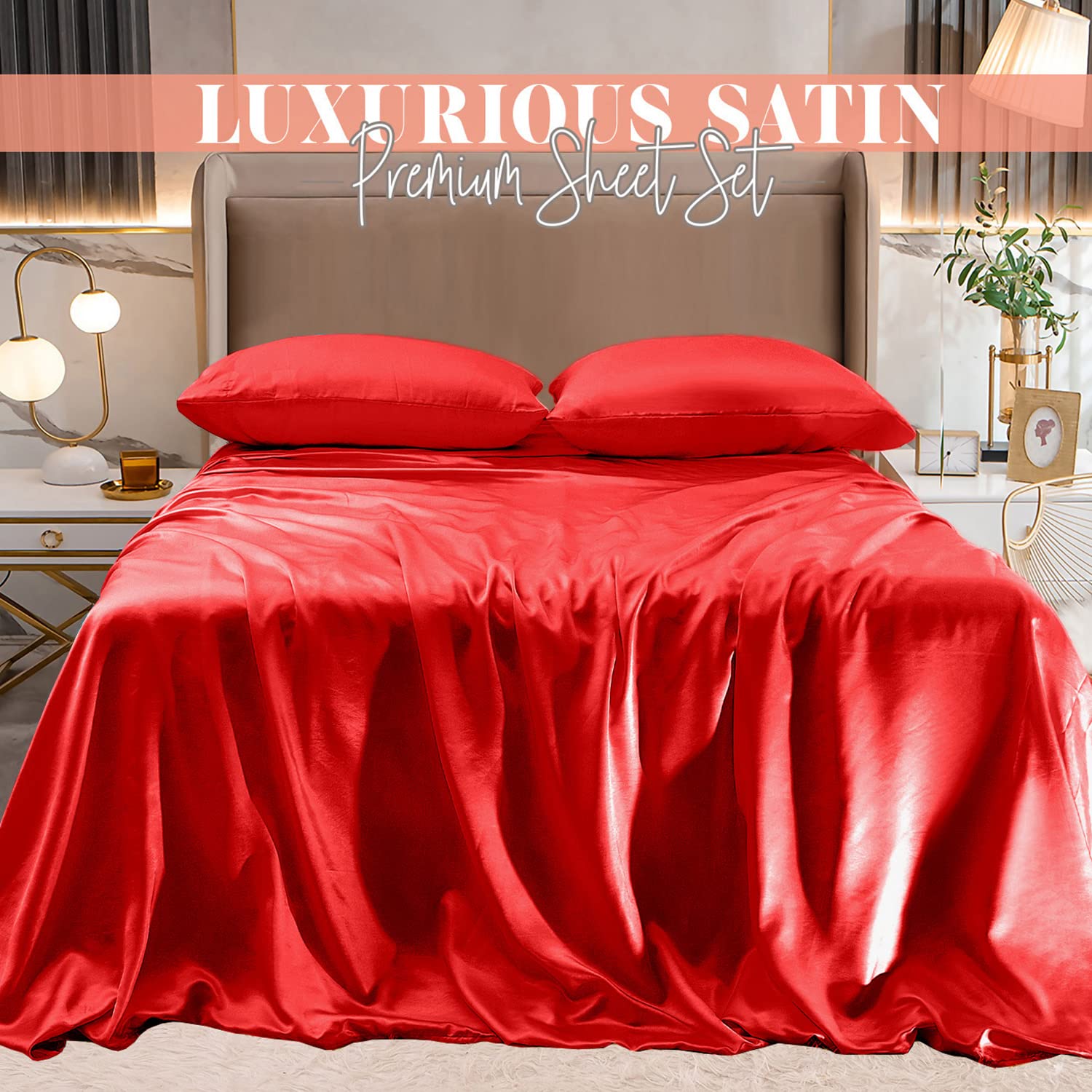 Elegant Comfort Luxurious 4-Piece Silky Satin Sheet Set, Skin and Hair Friendly, Wrinkle, Fade, Stain Resistant with Deep Pockets Fitted Sheet, Cooling Soft Satin Sheet Set, Twin XL, Red