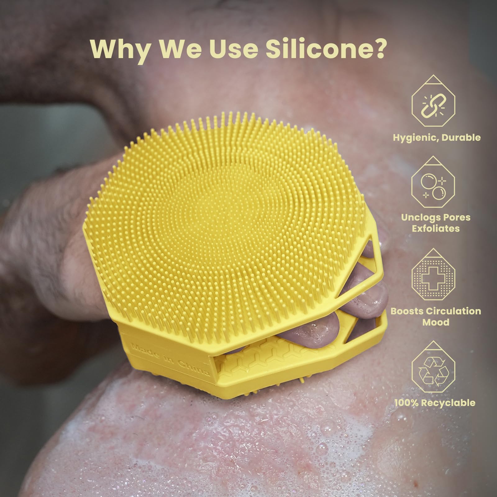 2-in-1 Silikon-Körperschrubber, doppelseitiges Design, Körperbürste, Silikon-Körperschrubber, Peeling-Körperbürsten für alle Haut, zum Duschen, schäumt gut – Gelb