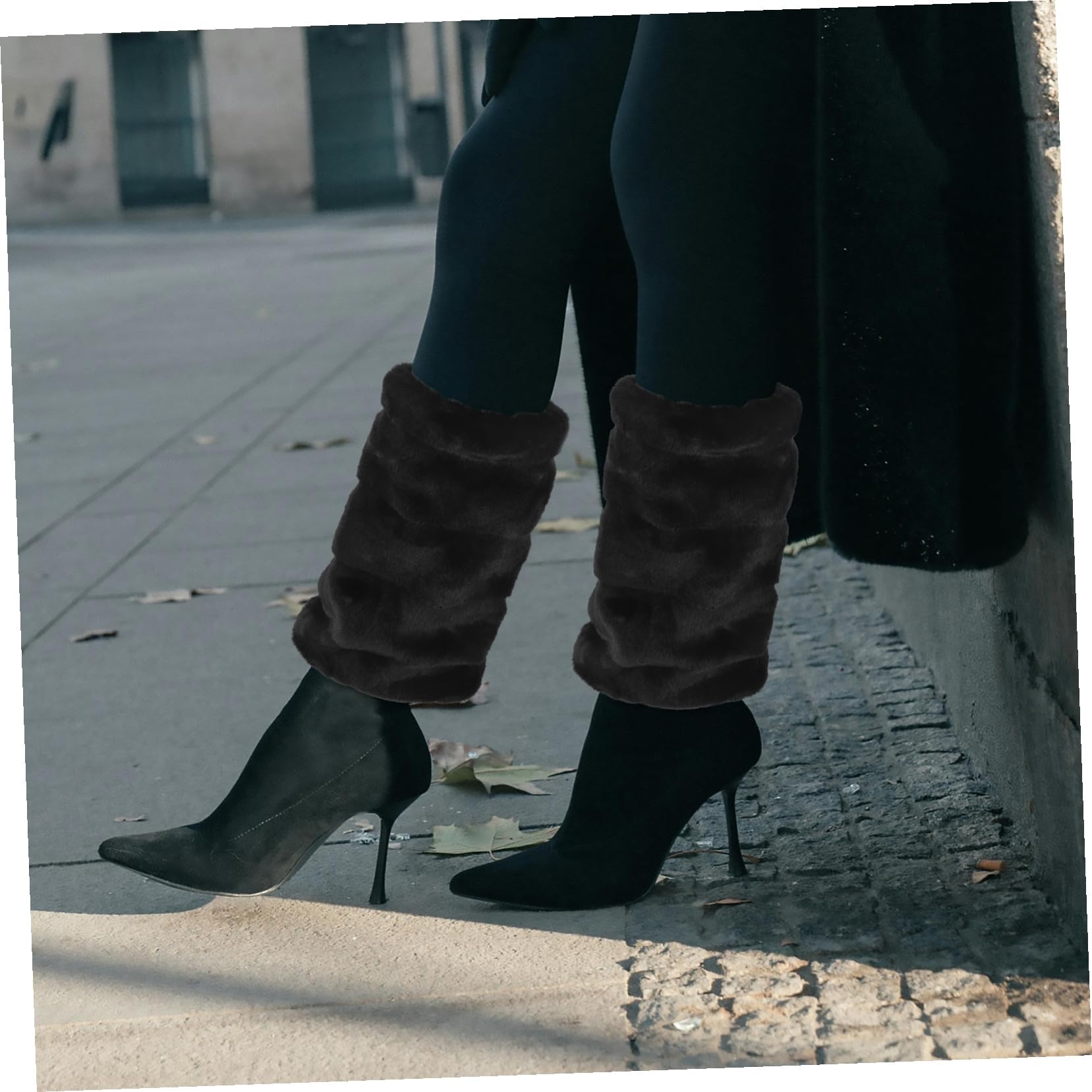 HEMOTON Guêtres à Revers en Fausse Fourrure pour Femmes, 30cm, Noir