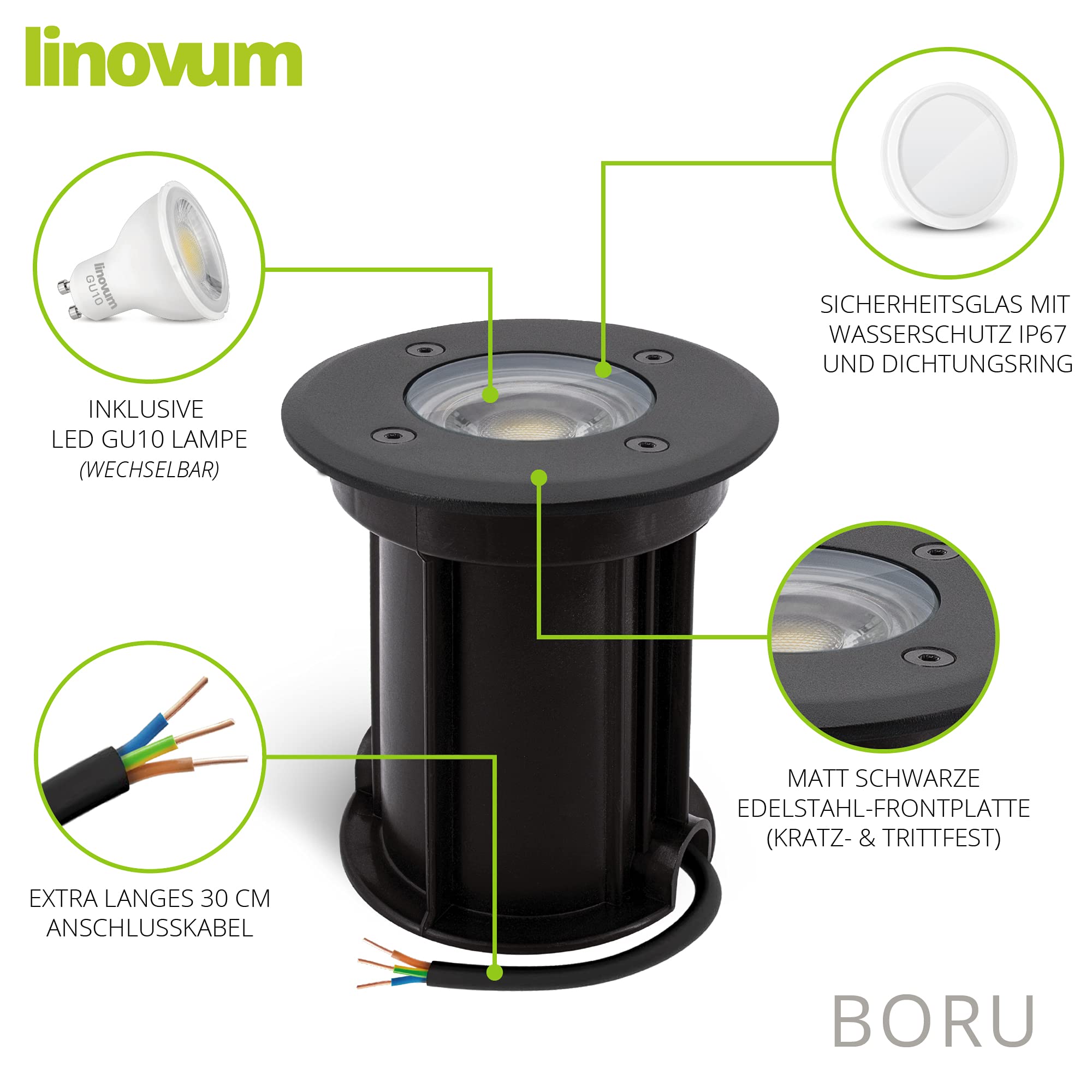 linovum BORU Bodeneinbaustrahler 4er Set schwarz IP67 GU10 2W warmweiß | Vier befahrbare Bodenstrahler bis 500kg schwarz - warmweiß, sparsam 2W, für Wege & Beete, inkl. Einbaudose, IP67, inkl. LED