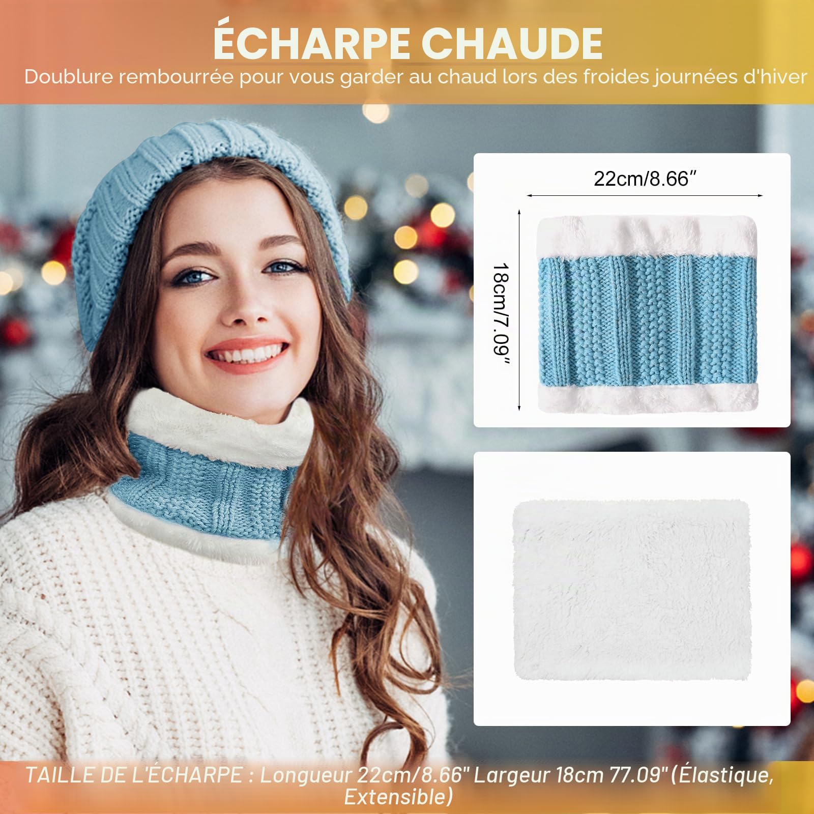 Tuopuda Ensemble Bonnet Écharpe de Doublure Polaire Gants 5 Pièces Tricotés Ensemble de Ski d’Hiver de Femmes Beanie Foulards Cache-Oreilles Chaussettes