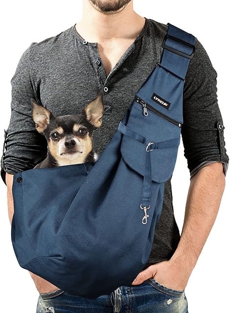 Lyneun Pet Hand-Free Sling Dog Carry Bag with Adjustable Shoulder Strap Double-sided Puppy Carrier with Front Pocket for Walking Travel Outdoor (Blue)
