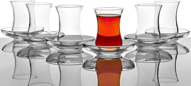 Turkish Tea Glass & Saucer Set - Pasabahce Design - Set of 6, 120 ml - Dishwasher-Safe Turkish Tea Glasses