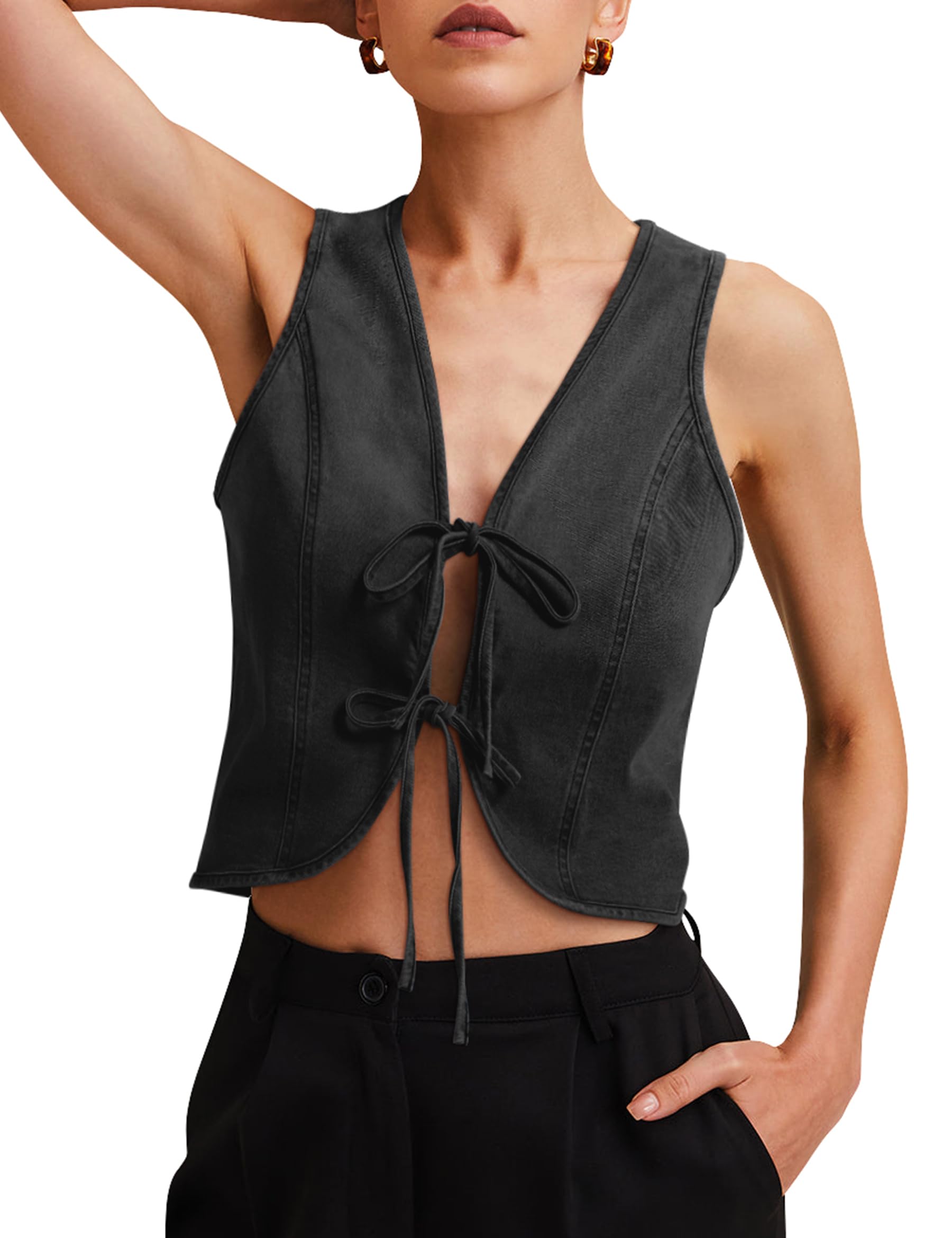 Womens Denim Vest Crop Sleeveless V Neck Denim Top Retro Tie Up Front Jean Vest