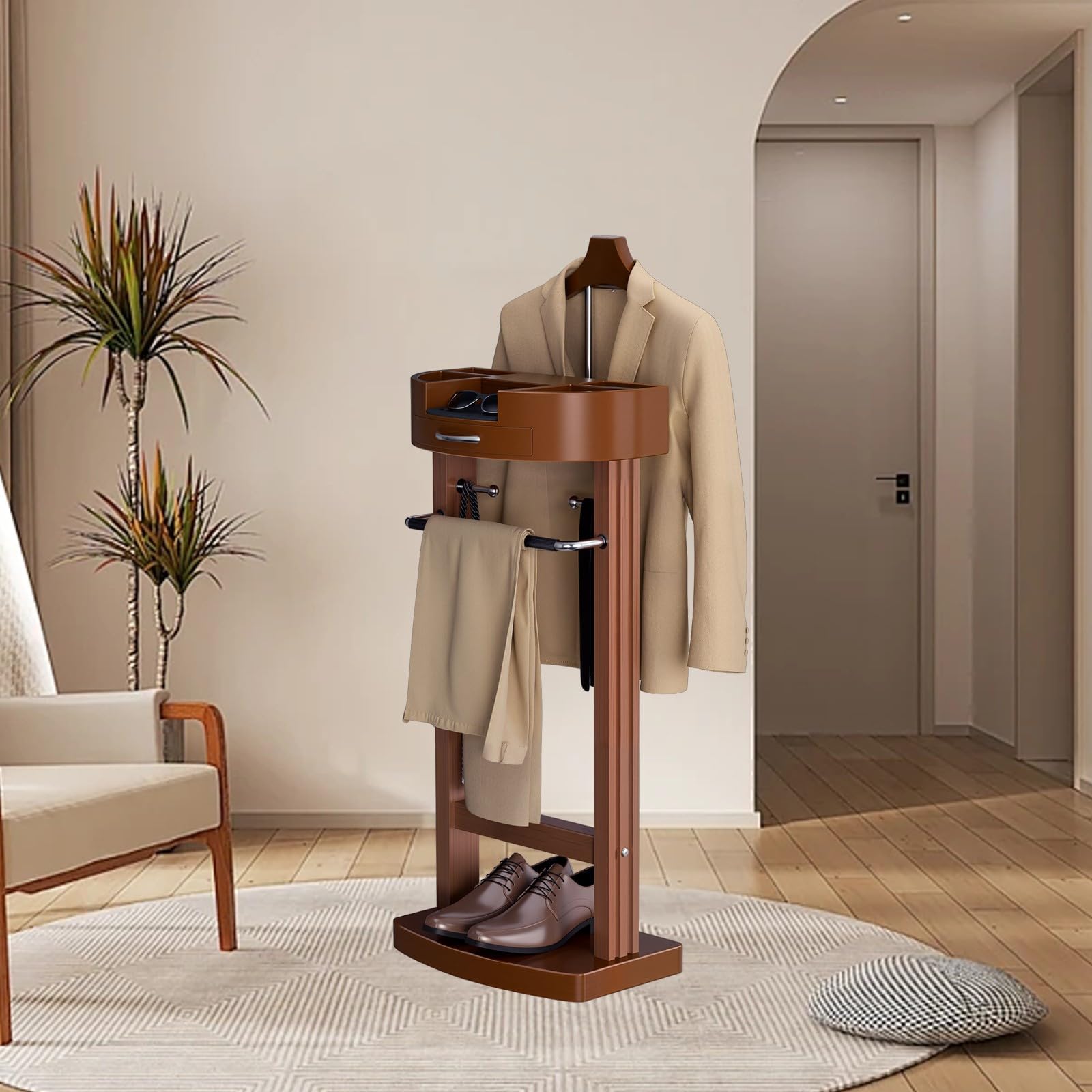 Servo Muto da Camera di Lusso con Vassoio, Indossatore Moderno Appendiabiti, Multifunzionale Servomuto in Legno con Robusto Telaio, Terra per Ingresso, Ufficio e Camera da Letto