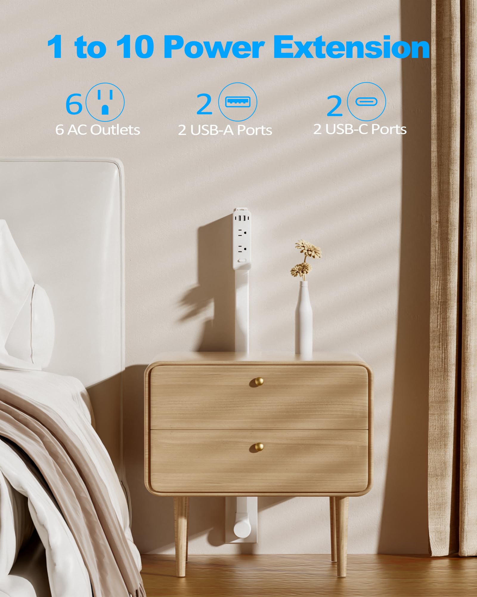 Olcorife Output Extender Bar, Steckdosenleiste mit 6 Steckdosen und 4 USB-Anschlüssen, ausziehbar 55,9 cm - 86,4 cm, 180 ° (90 ° auf der Seite), unverzichtbarer Schlafsaal für Nachttisch/Sofa und