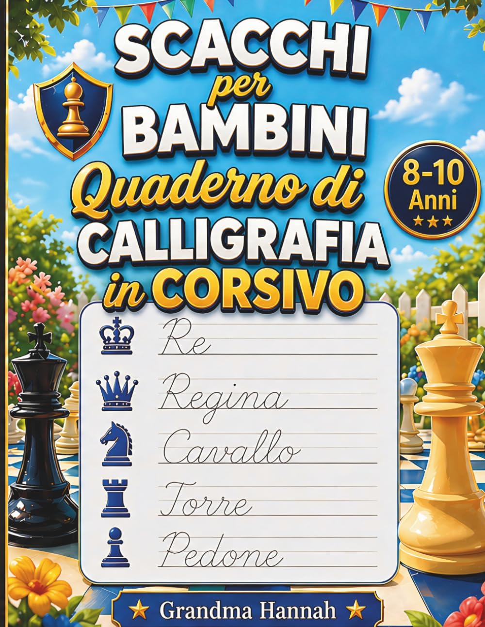 Scacchi per Bambini – Quaderno di Calligrafia in Corsivo 8-10 Anni: Alfabeto, Frasi da Copiare, Curiosità, Disegni da Colorare e Labirinti