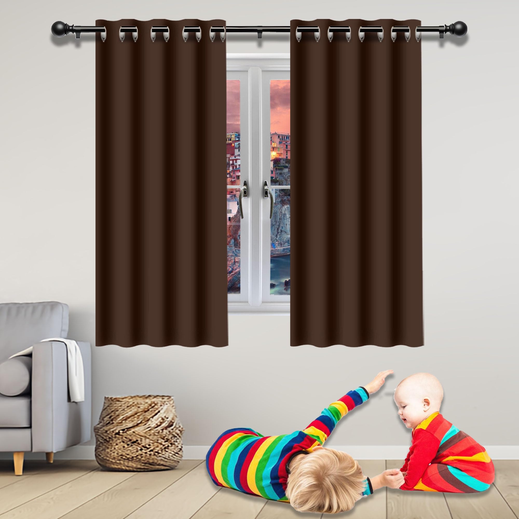 Rideau thermique 134x164 isolant anti froid marron pour fenêtre à œillets de chambre