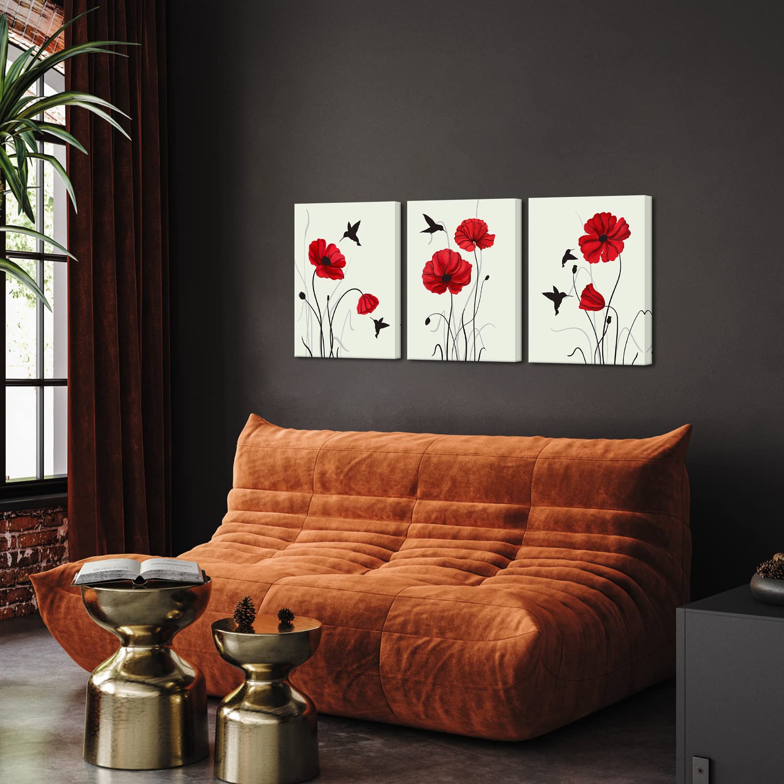 Biuteawal 3 Panels Red Poppy Picture Prints on Canvas Hummingbird with Flower Painting Wall Art Retro Flower Artwork Home Dining Room Bedroom Bathroom Framed Ready to Hang