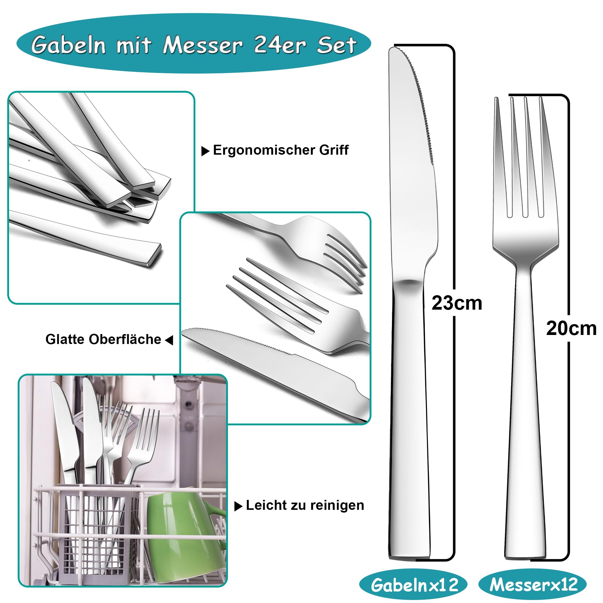 HaWare Set di 24 posate da bistecca in acciaio inox, per 12 persone (bordo quadrato)