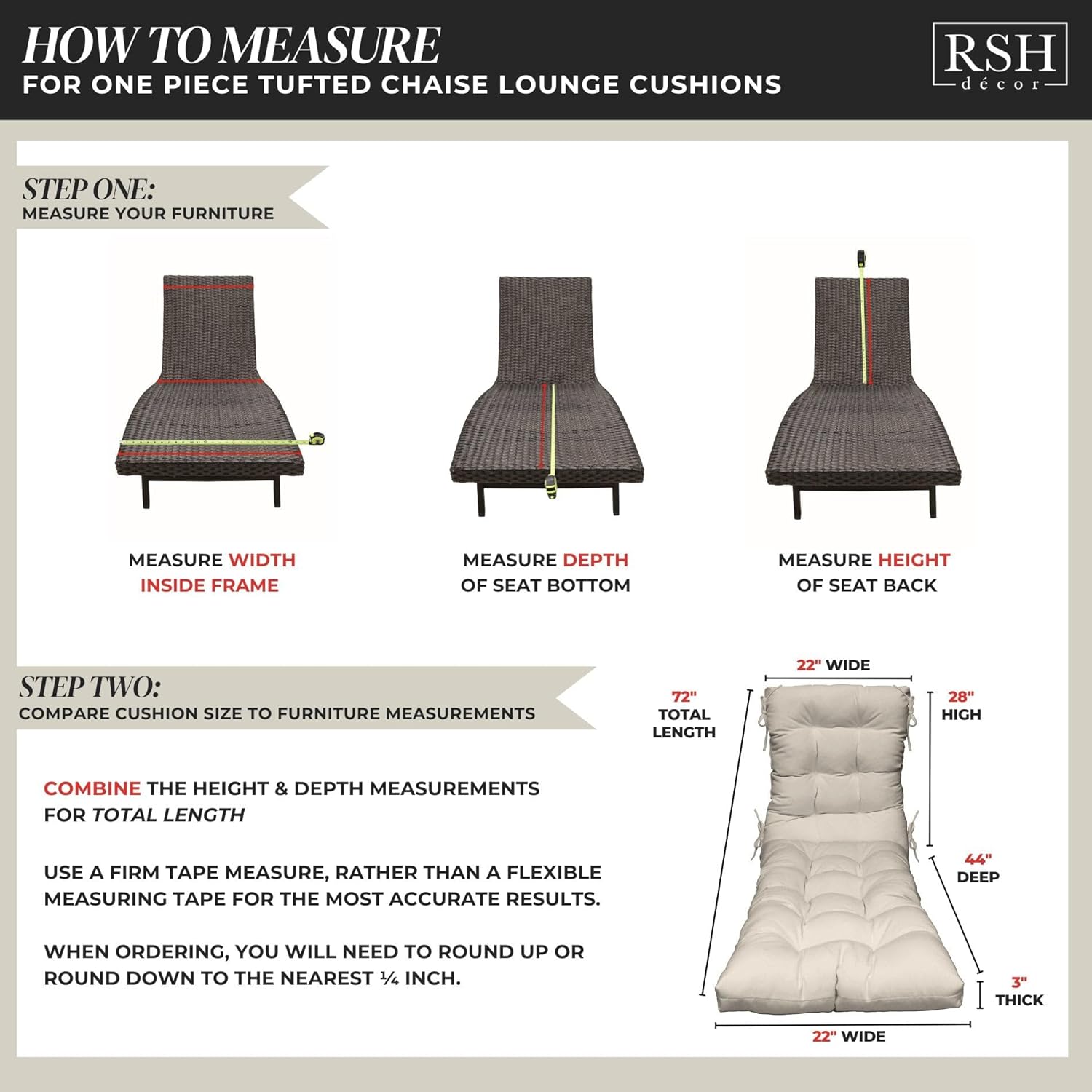 RSH DECOR Tufted Chaise Lounge Seat Cushion, 72”x22” All-Weather Fabric, Water and Fade-Resistant, Outdoor Chair Cushion for Patio Furniture, | Canvas Navy - Made in USA
