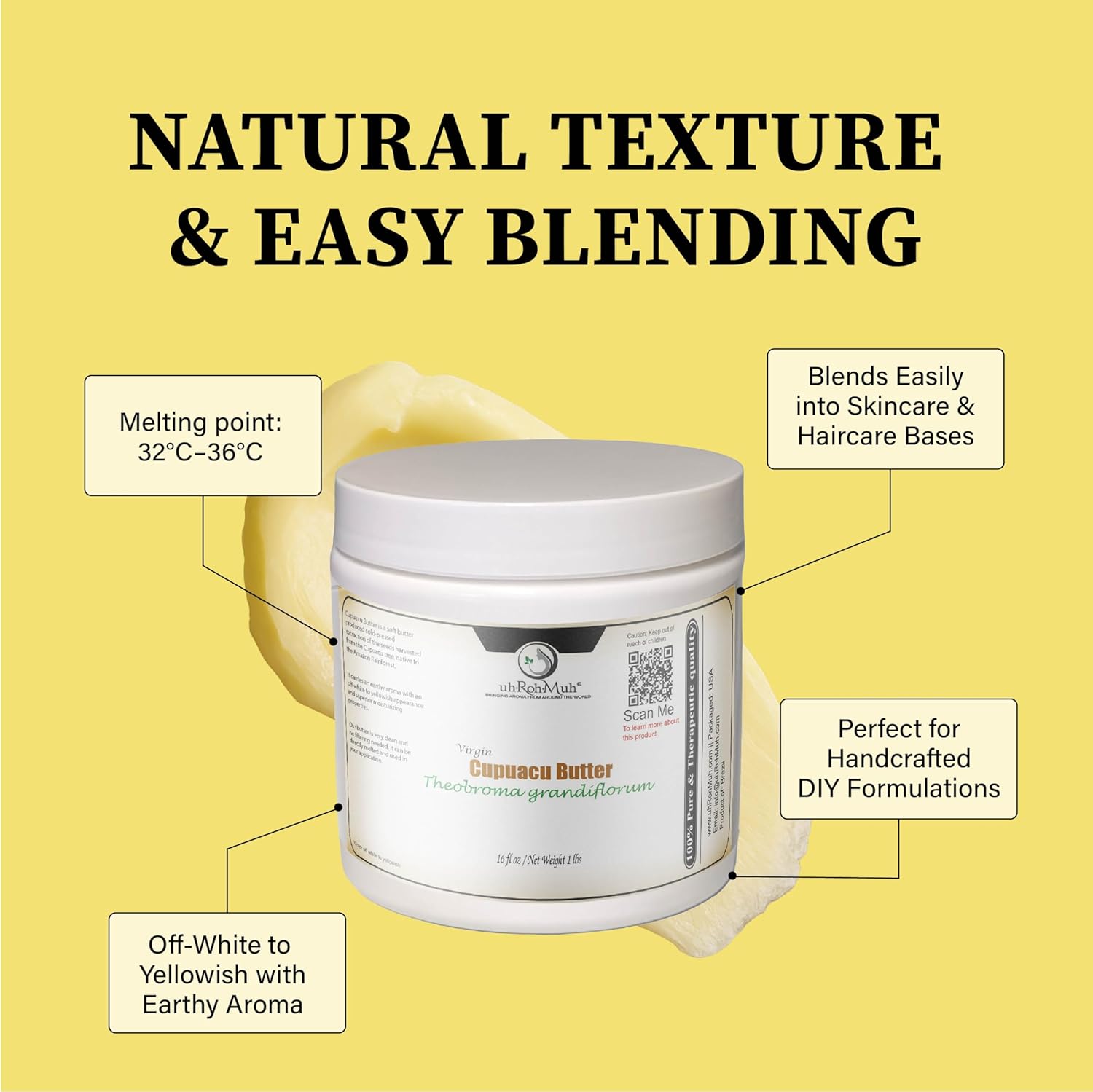uh*Roh*Muh Virgin Cupuacu Butter Unrefined Ultra Moisturizing Nourishing Natural Butter for Skin and Hair Products and Skincare Formulations Cold Pressed Seeds Extraction Brazil Net wt: 0.45kg / 1 lb