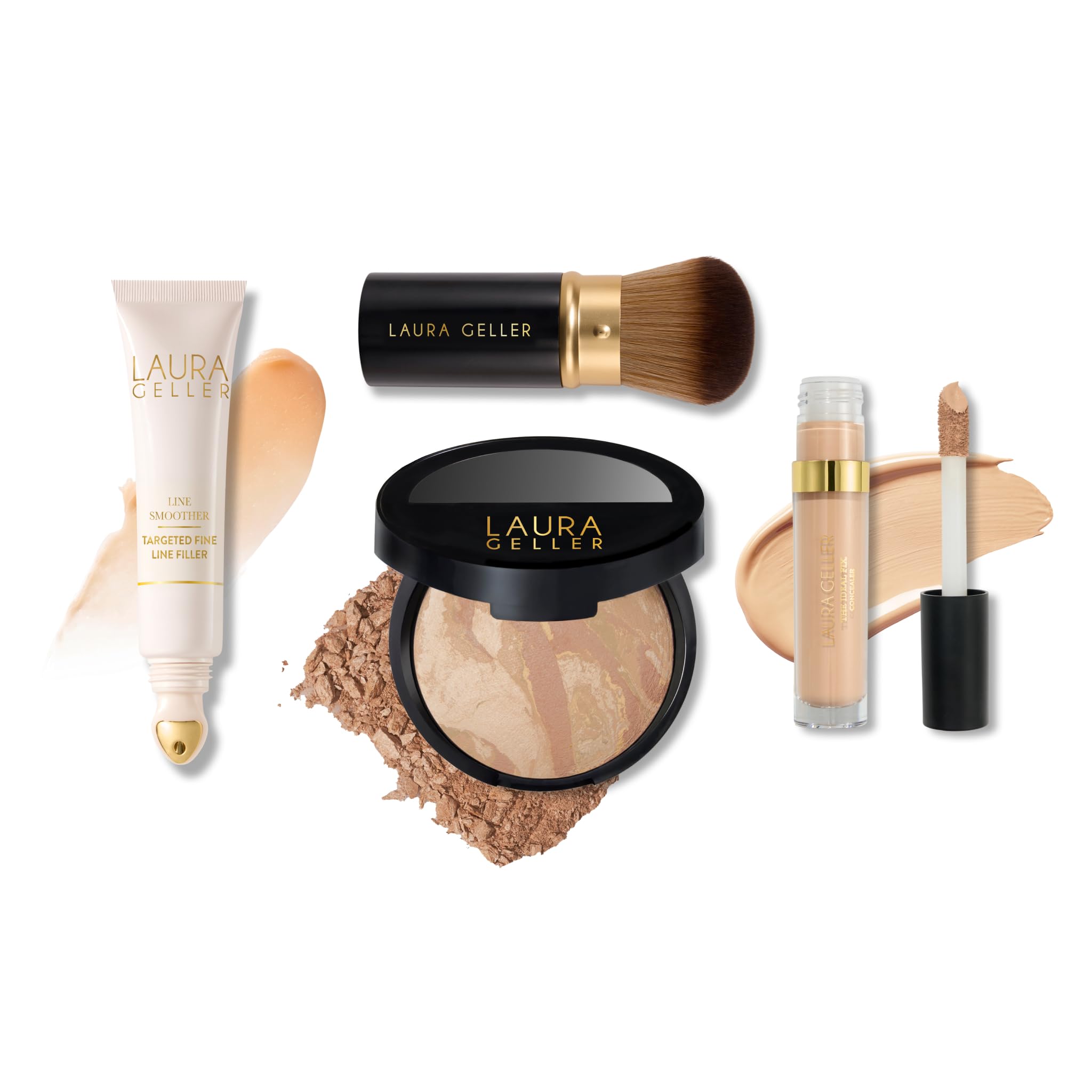LAURA GELLER Line Smoother Full Face Kit | Line Smoother, Balance-n-Brighten Foundation, Ideal Fix & Retractable Kabuki Brush - Light 03 Light