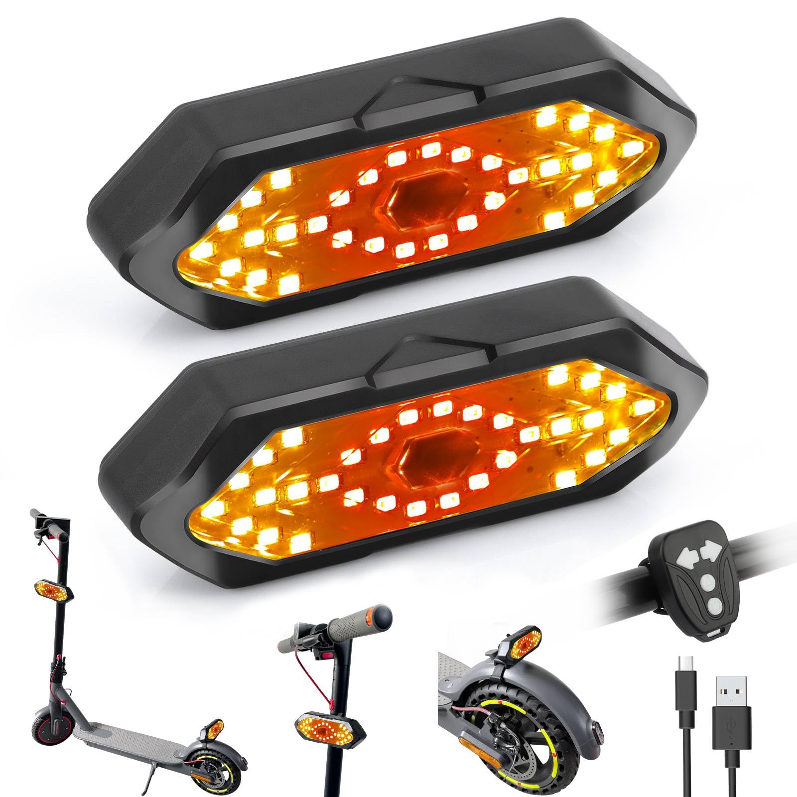 FXINRUIA 2PCS E Scooter Blinker, Scooter Luz trasera con USB recargable inalámbrico Control remoto impermeable luz de advertencia con zócalo ajustable con Xiaomi Ninebot Scooter Accesorios