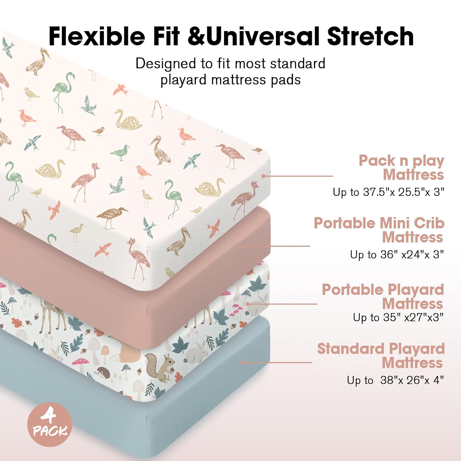 Bimocosy Pack and Play Sheets Fitted 4 Pack, 38 x 26 Inch Pack n Play Mini Crib Sheets for Boys and Girls, Soft Stretchy Playard Mattress Sheets for Graco Pack n Play, Forest Friends - Image 2