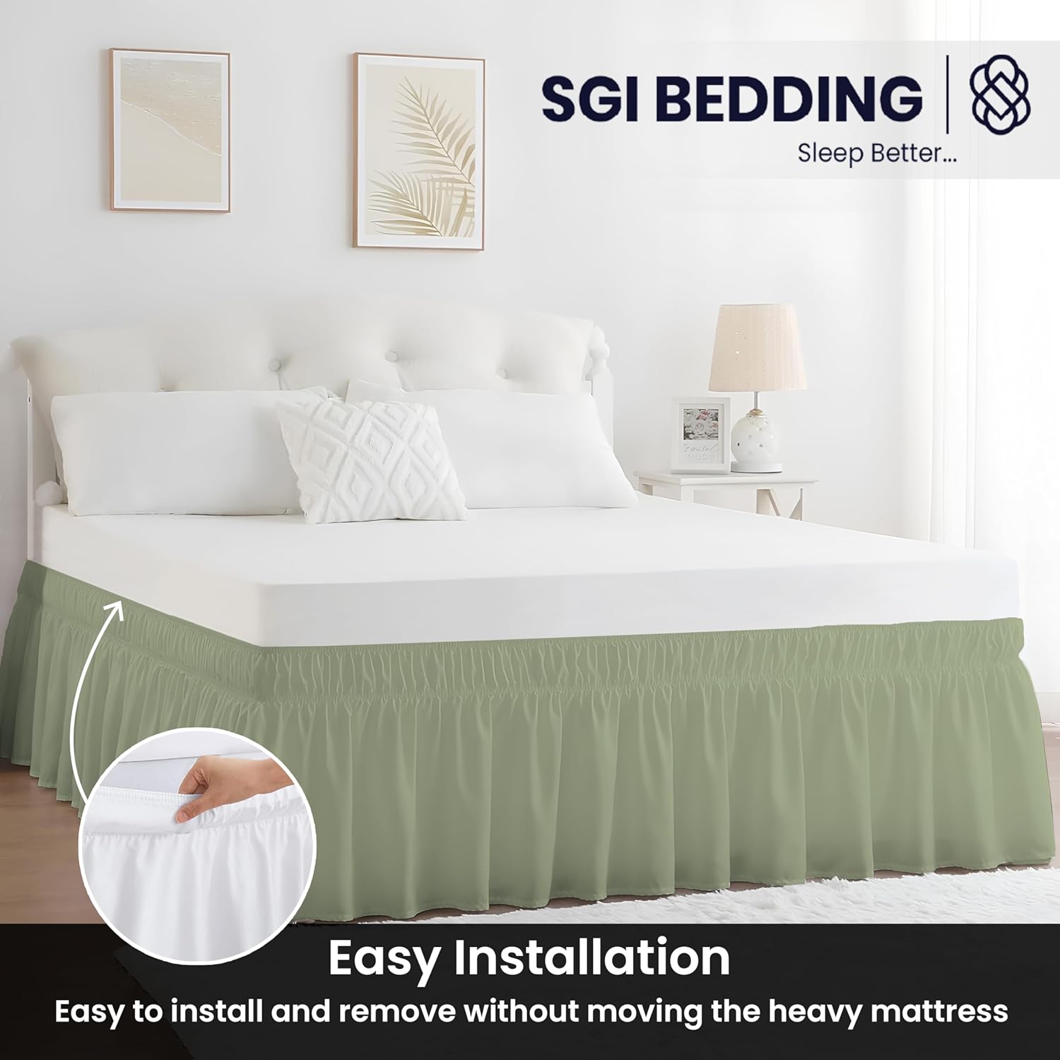 SGI bedding 12 inch Drop Wraparound Bed Skirt California King Size - No Lifting Required, Adjustable Easy Fit Elastic Strap, Classic Gathered Styling Dust Ruffle, Fade Resistant - Sage