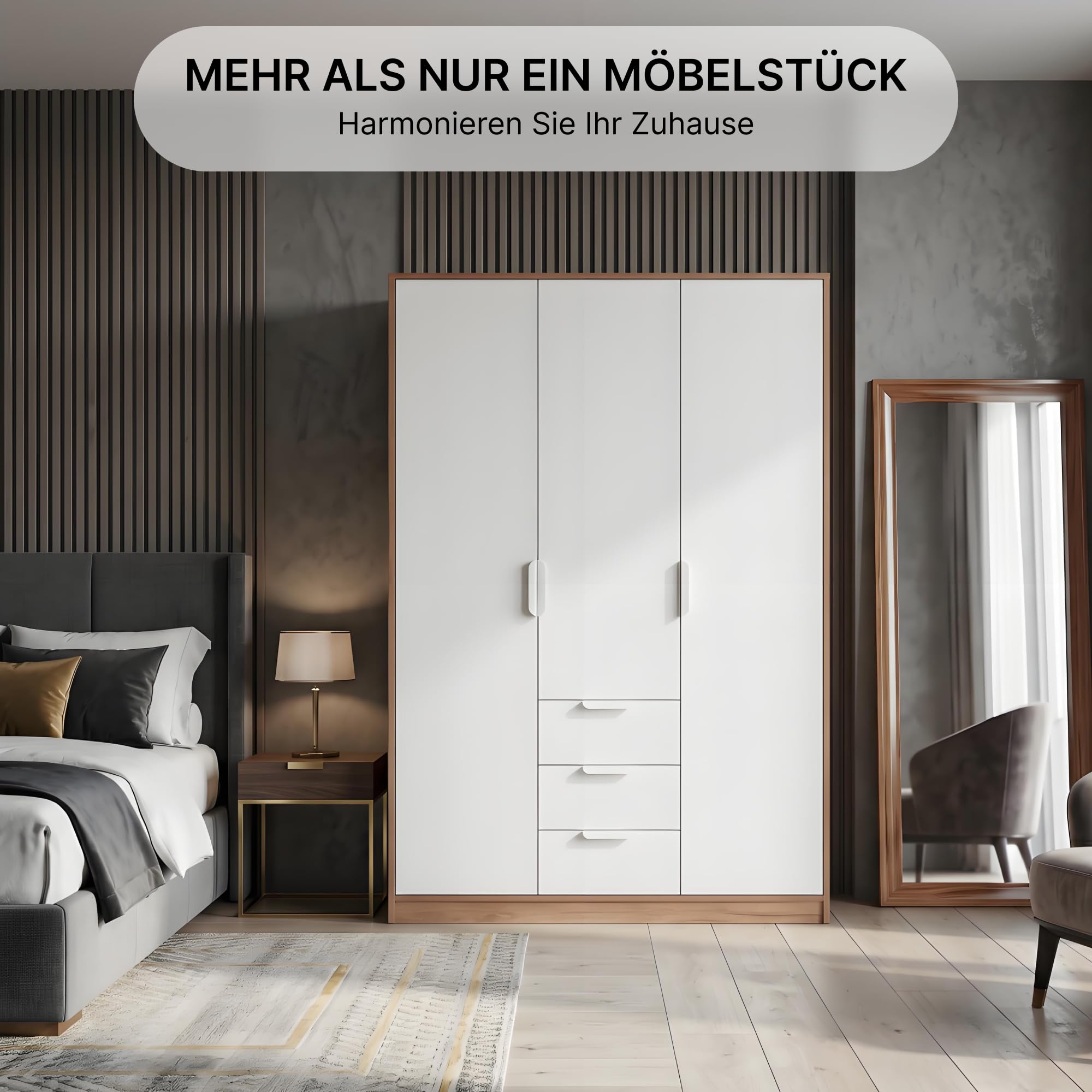 Kleiderschrank 3-türig Weiß & Eiche-Optik Drehtürenschrank | Schlafzimmerschrank Mehrzweckschrank 2 Kleiderstangen 4 Fächer 3 Schubladen 176x120x52 cm Stauraum