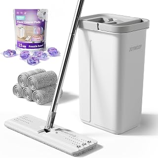 JOYMOOP Floor Cleaning Bundle: Flat Mop and Bucket Set with 5 Washable Microfiber Pads with 15 Freesia Scented Cleaner Pods – Hands-Free Wet/Dry Floor Cleaning System