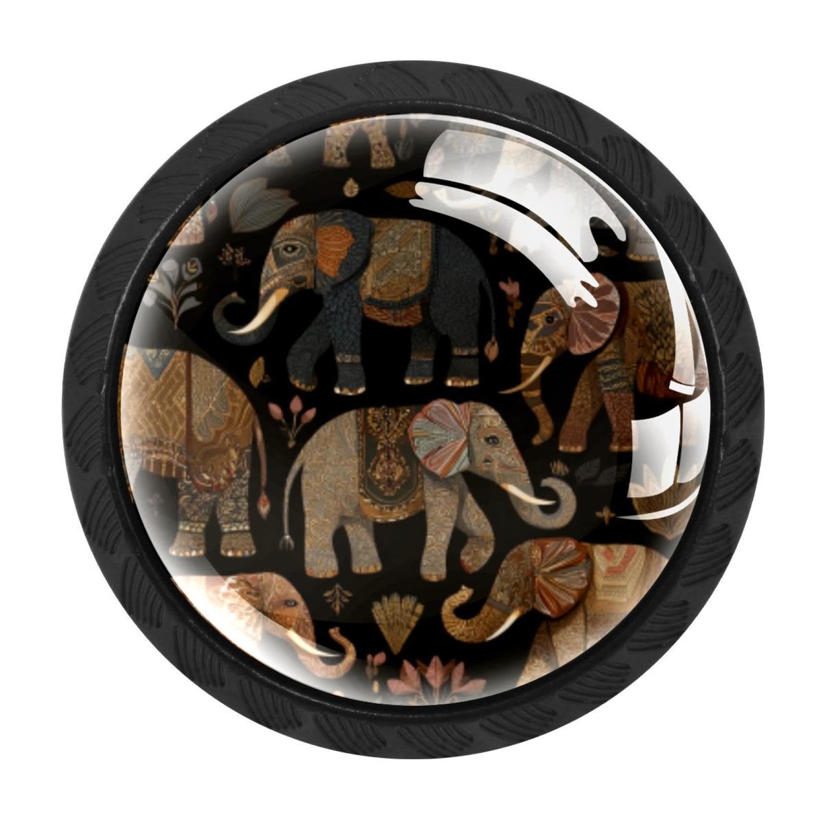 CHENZZZZ 4PCS Boho Indian Elephants Dresser Knob Round Glass Drawer Knobs Pulls Cabinet Handle for Home Kitchen Office Bathroom Wardrobe Cupboard