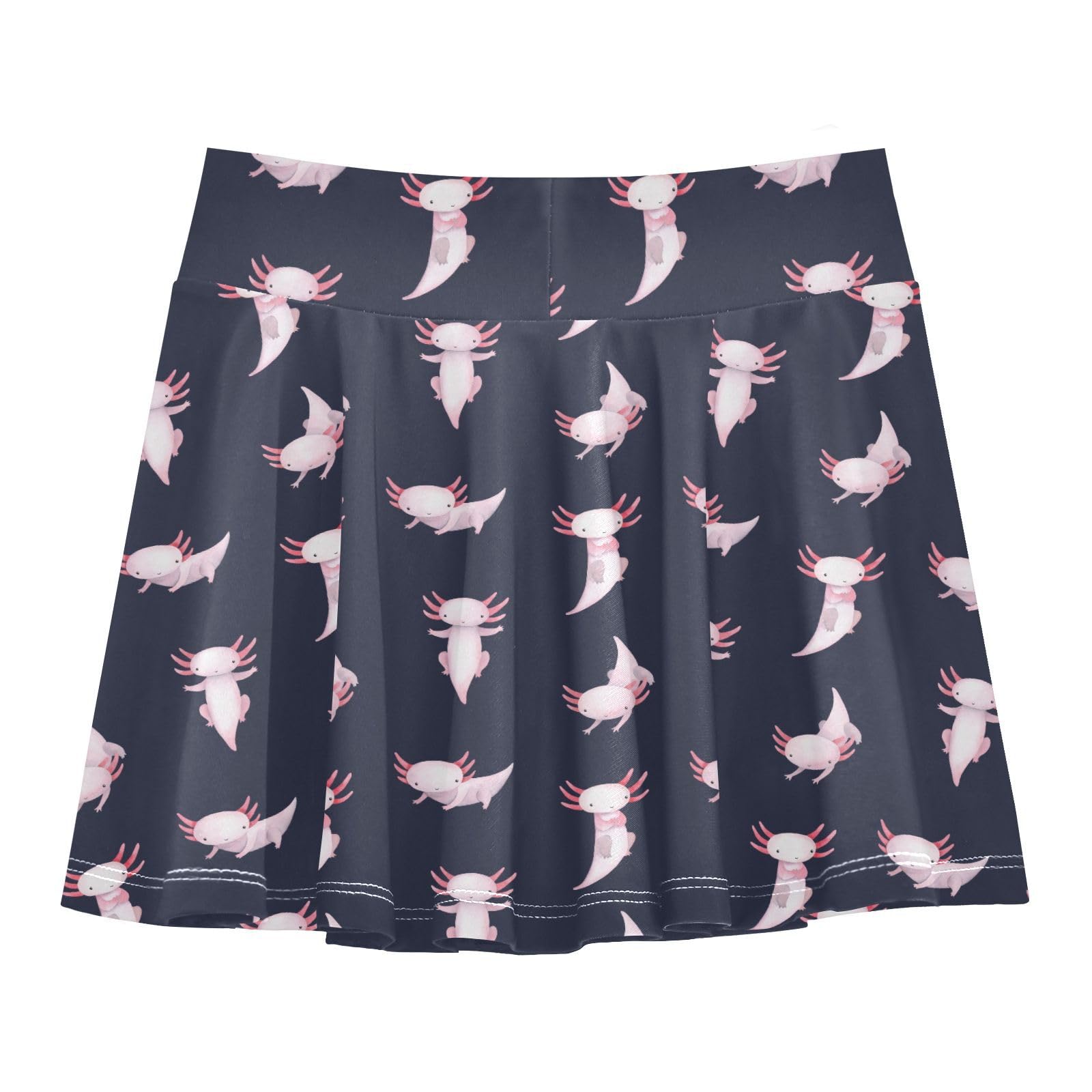 Aflyko Girls Pleated Skater Skirt Cute Pinks Axolotl Fun High Waist Cheerleading Dress Dance Skort with Lining Shorts Weekend Date Outfit Short Bottoms, 9-10Y