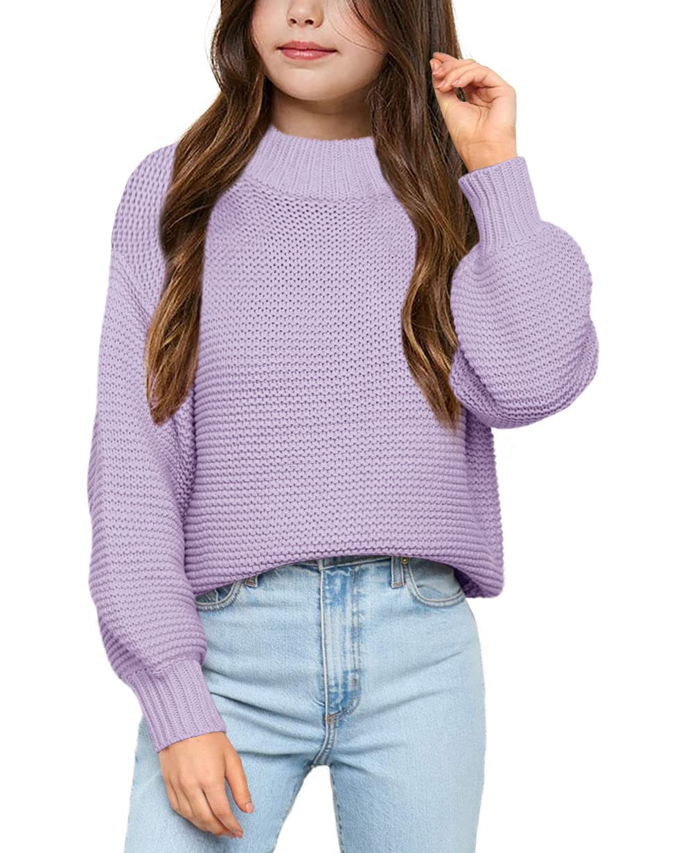 Imily Bela Girls Mock Neck Pullover Sweaters Casual Long Sleeve Knit Jumper Tops 9-10 Years Purple