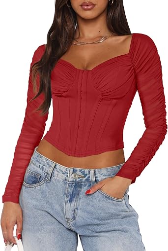 Relipop Womens 2025 Sexy Sweetheart Neckline Top Sheer Mesh Long Sleeve Ruched Going Out Corset Crop Tops