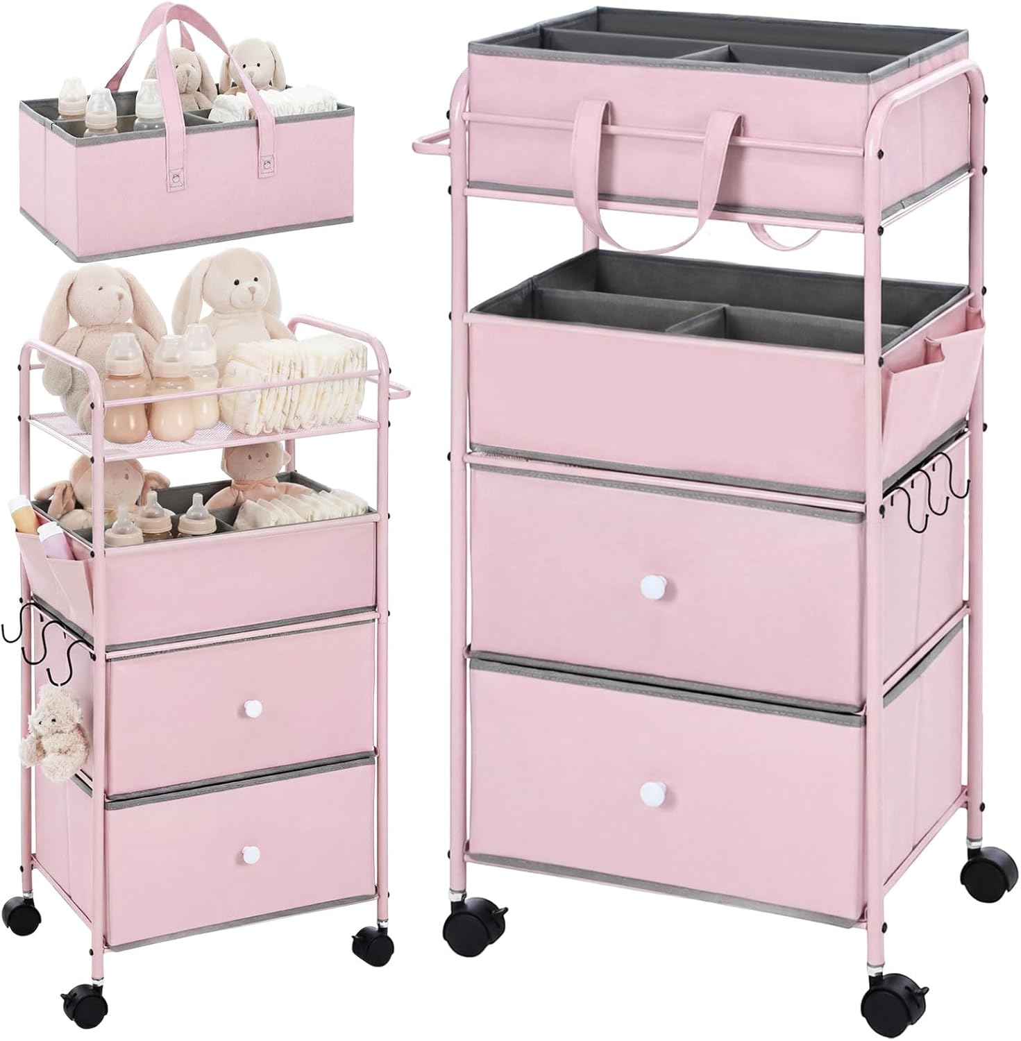 FoldTier 3In1 Baby Diaper Caddy Organizer Cart 4 Tier Large Capacity Metal Utility Bedside Rolling Cart with Divider Newborn Registry Nursery Essential Must Have Bedroom Gift Baby Shower(Pink)