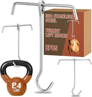 Thanksgiving Day 304 Stainless Steel Turkey Lift Hooks - Dual Heavy Duty Jambalaya Pot Hooks with 15" Handles for Deep Frying, Smoking & Outdoor Cooking