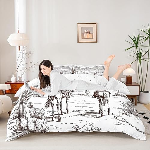 Miniatura 3 de Juego de funda de edredón de vaquero, tamaño individual, desierto salvaje occidental americano, rústico, ilustración dibujada a mano, decoración de