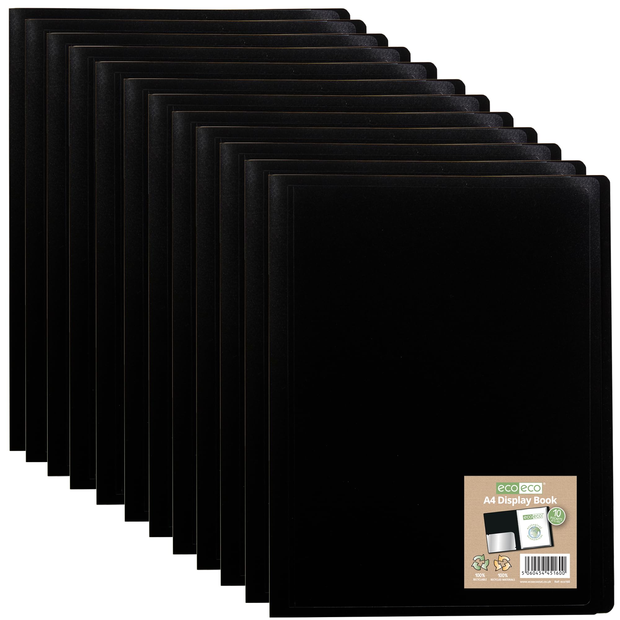 eco-eco Lot de 12 protège-documents A4 100% recyclés, 10 pochettes, couverture souple, noir, eco160 x 12