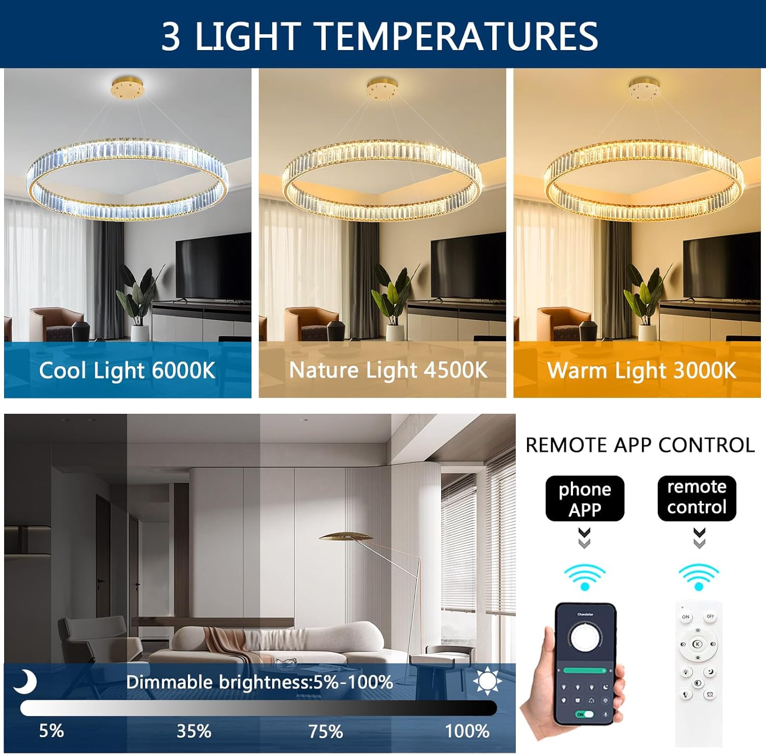 32'' Modern Ring Chandelier Crystal Chandeliers for Dining Room Round LED Dimmable Ceiling Light Fixture for Living Room Bedroom Lighting Gold