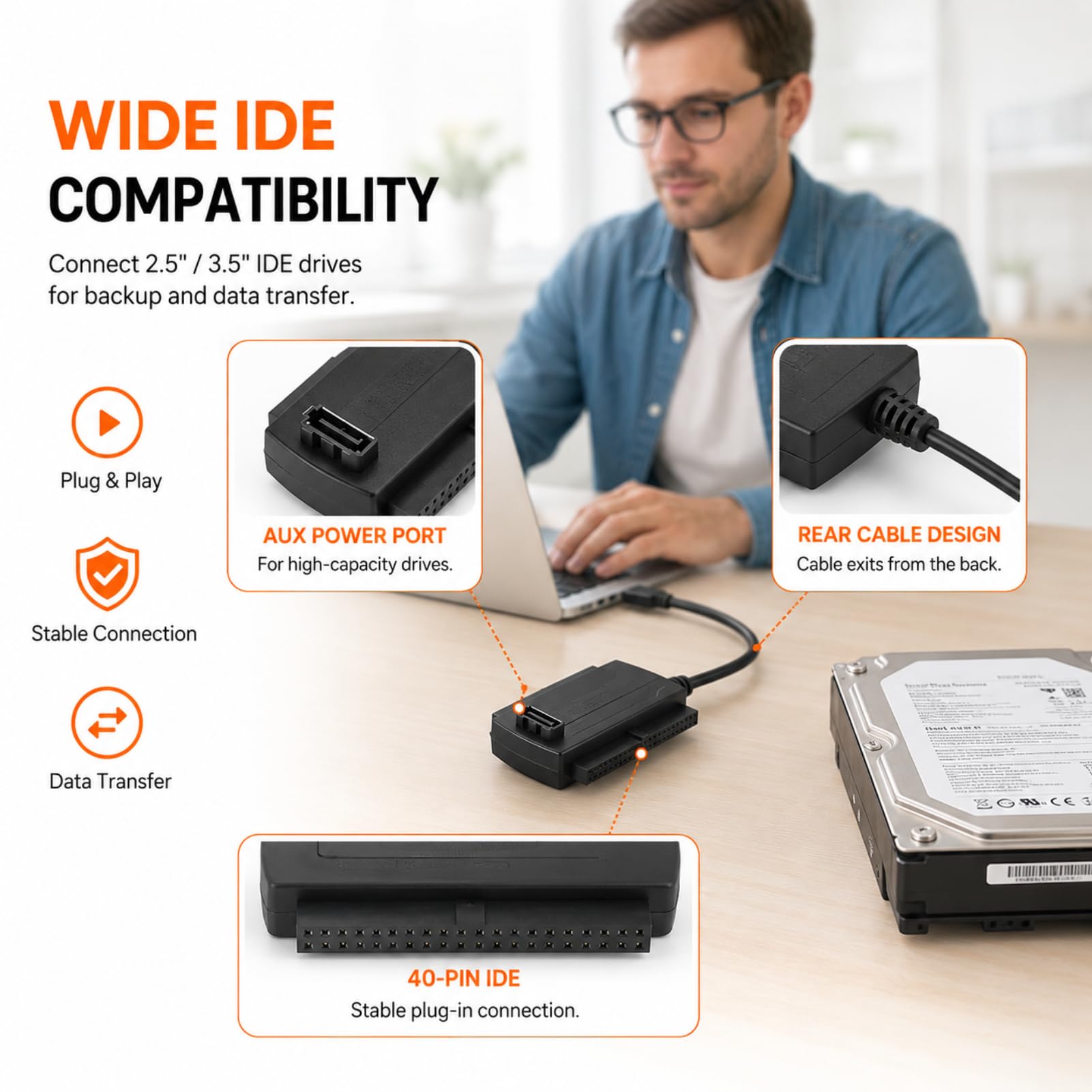 USB zu IDE SATA Adapter, IDE SATA Adapterkabel, USB 2.0 Adapter Kabel für 2,5 3,5 Zoll HDD SSD Laufwerke, USB auf SATA Konverter für CD DVD Laufwerk Externer Festplatten PC Laptop Datenübertragung
