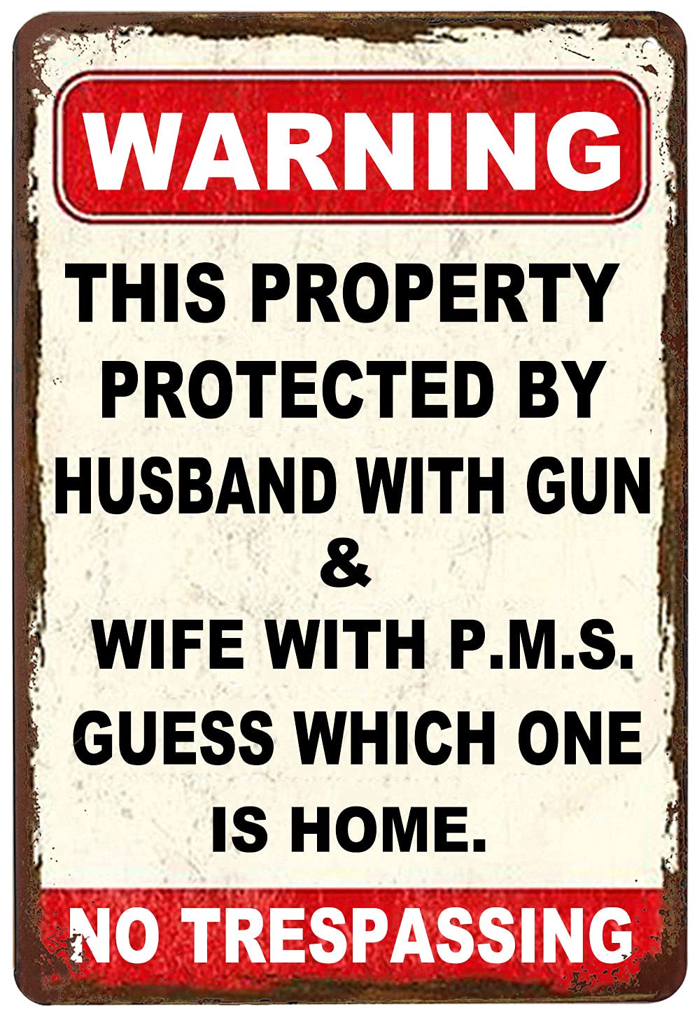 SMAZDFXX Warning This Property Protected by Husband and Wife Metal Tin Sign, Vintage Art Poster Plaque Bar Cafe Home Man Cave Wall Decor Cafes Bar Club 12"x16"