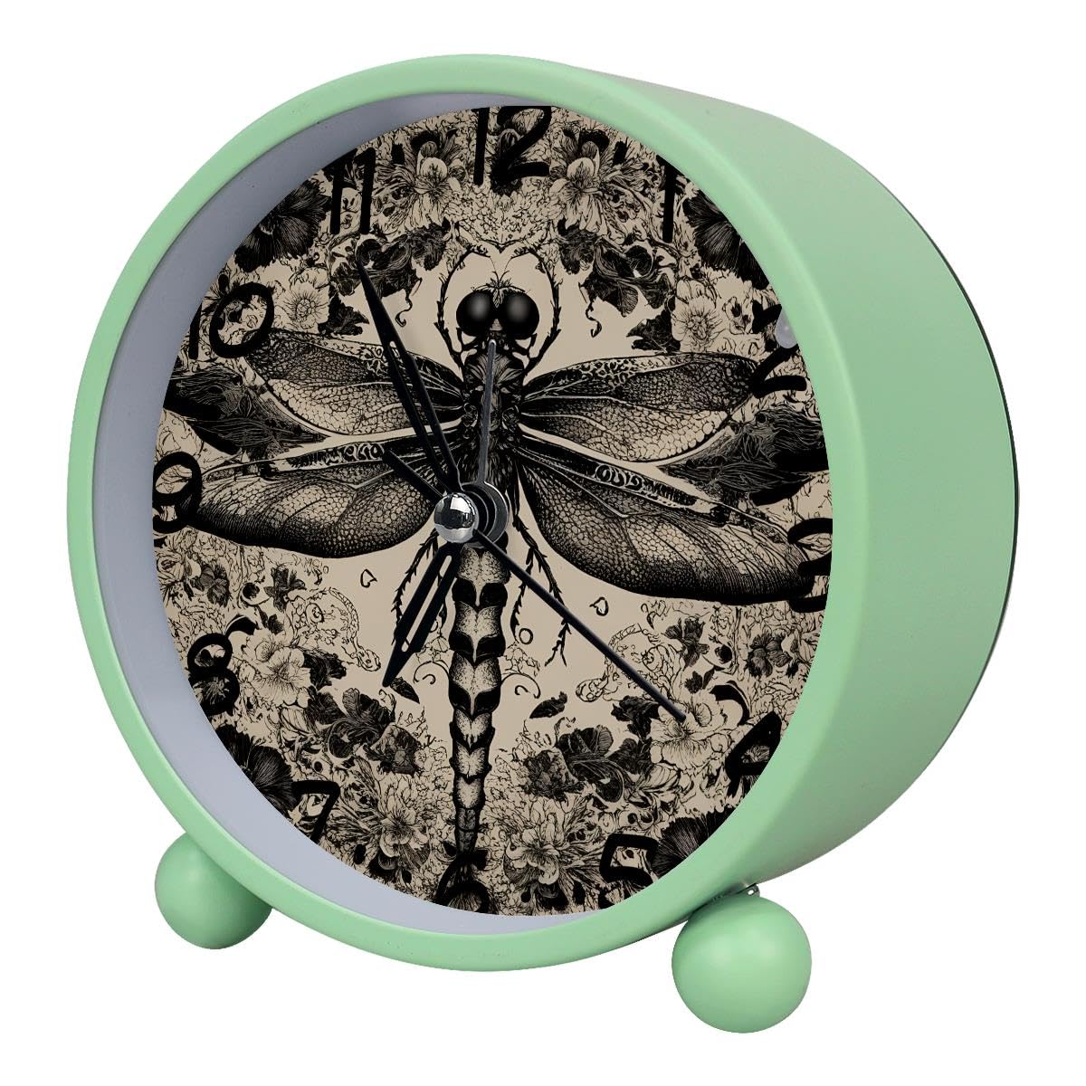 Luoweisi Analog Alarm Clock Dragonfly, Silent Non-Ticking with Night Light, Battery Operated, Round Desk Alarm Clock for Office, Bedroom, Elderly, Adults, Children, Student Gifts