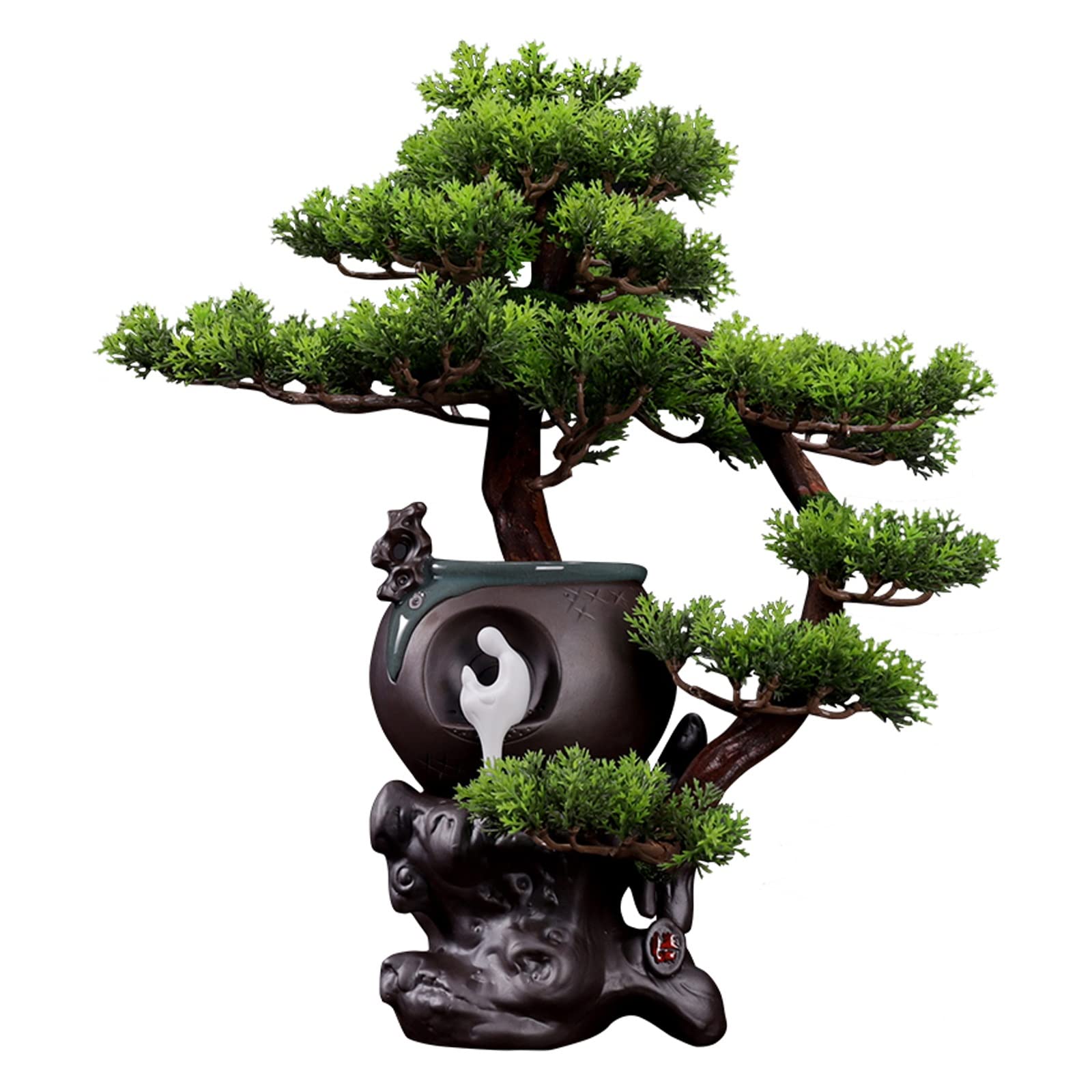 IUokLU Tree Fake Plant Artificial Bonsai Tree with Ceramic Bottom Planter, Base and White Monk Figurine, Houseplant Faux Bonsai Tree, Zen Feng Shui Decoration Potted Tree Artificial (A)