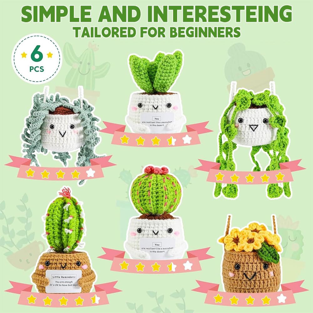 Mecmbj Simpatico Kit per Uncinetto con Cactus, Kit per Uncinetto con Vaso per Piante Fatto a Mano da 6 Pezzi, Set per Principianti all'uncinetto per Adulti con Istruzioni Video Passo di Inglese